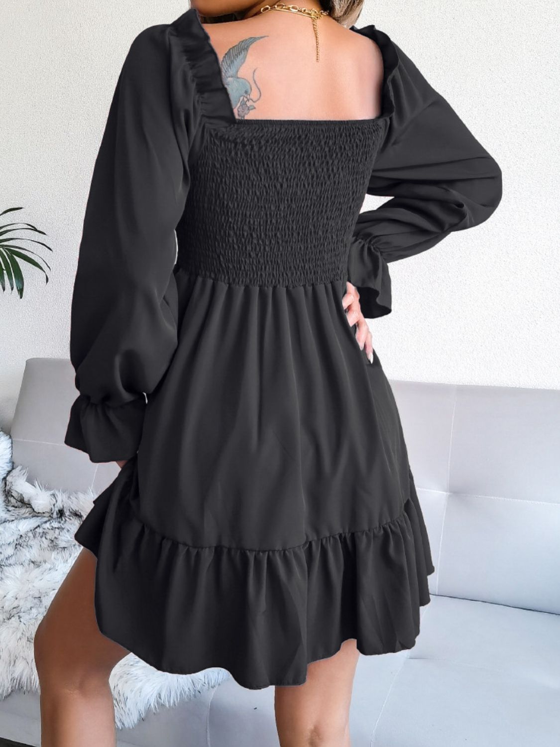 Smocked Flounce Sleeve Square Neck Dress - Dress - Black - Bella Bourget