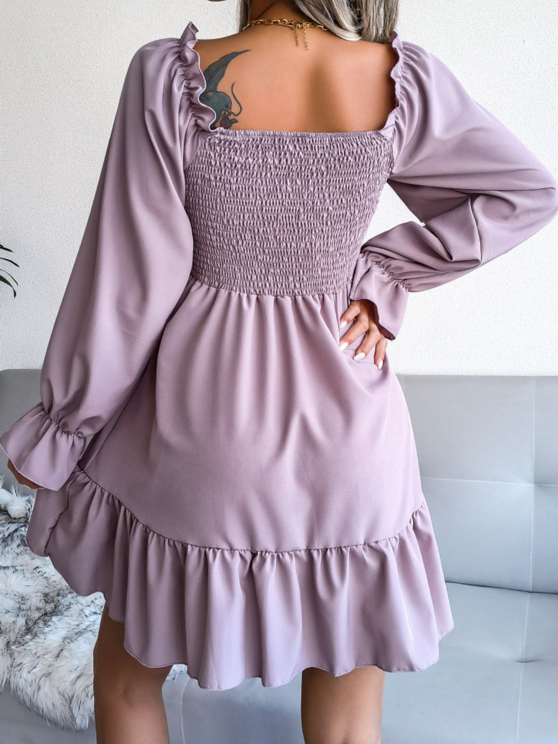 Smocked Flounce Sleeve Square Neck Dress - Dress - Lilac - Bella Bourget