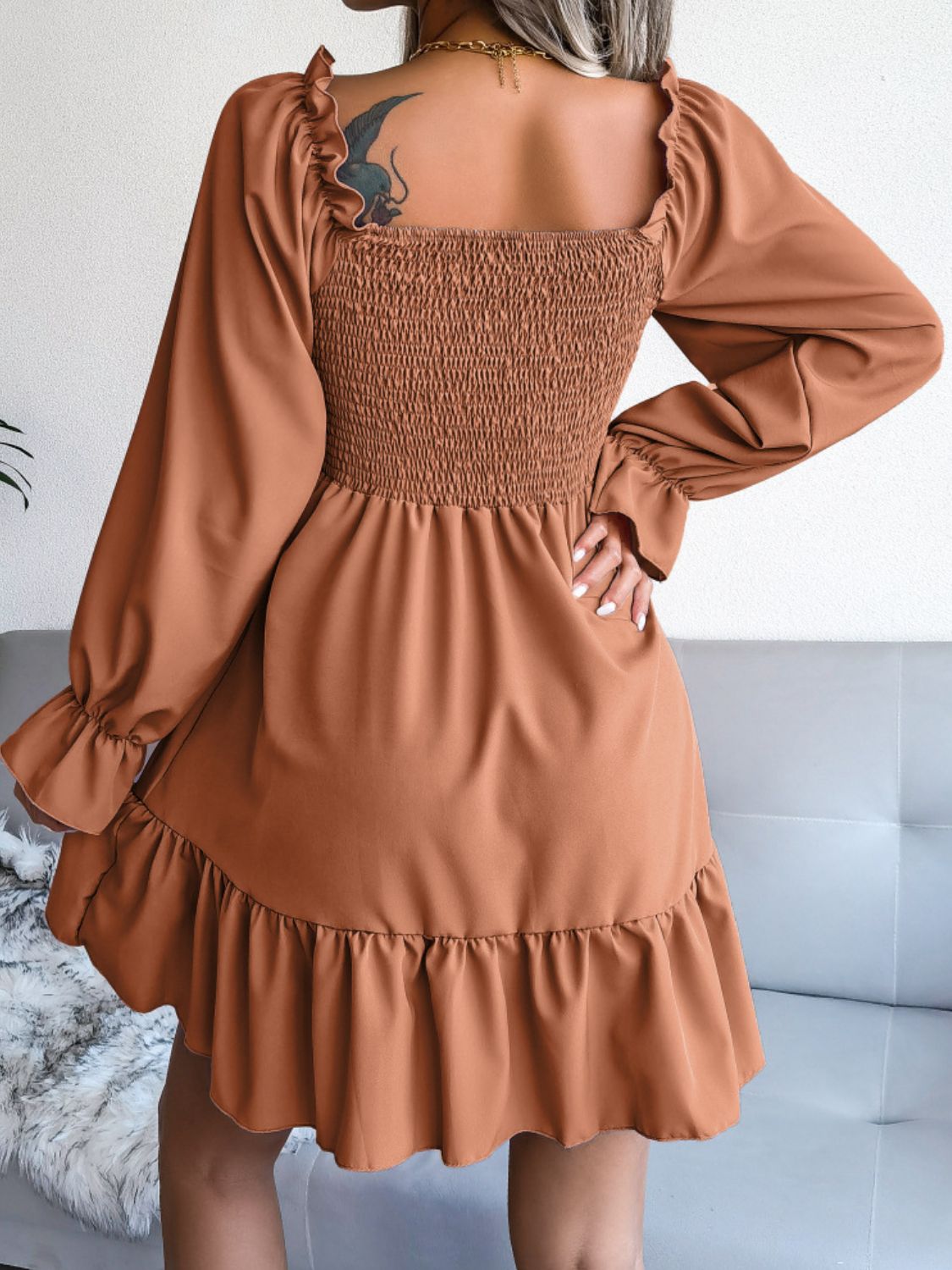 Smocked Flounce Sleeve Square Neck Dress - Dress - Ochre - Bella Bourget