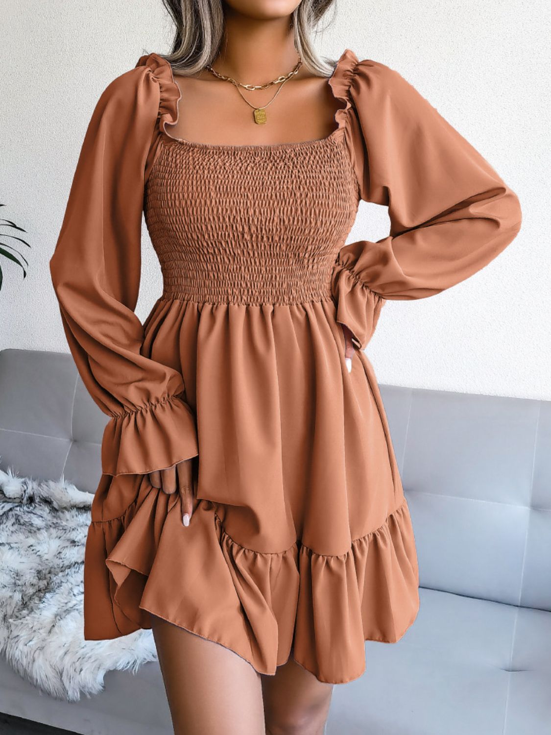 Smocked Flounce Sleeve Square Neck Dress - Dress - Ochre - Bella Bourget