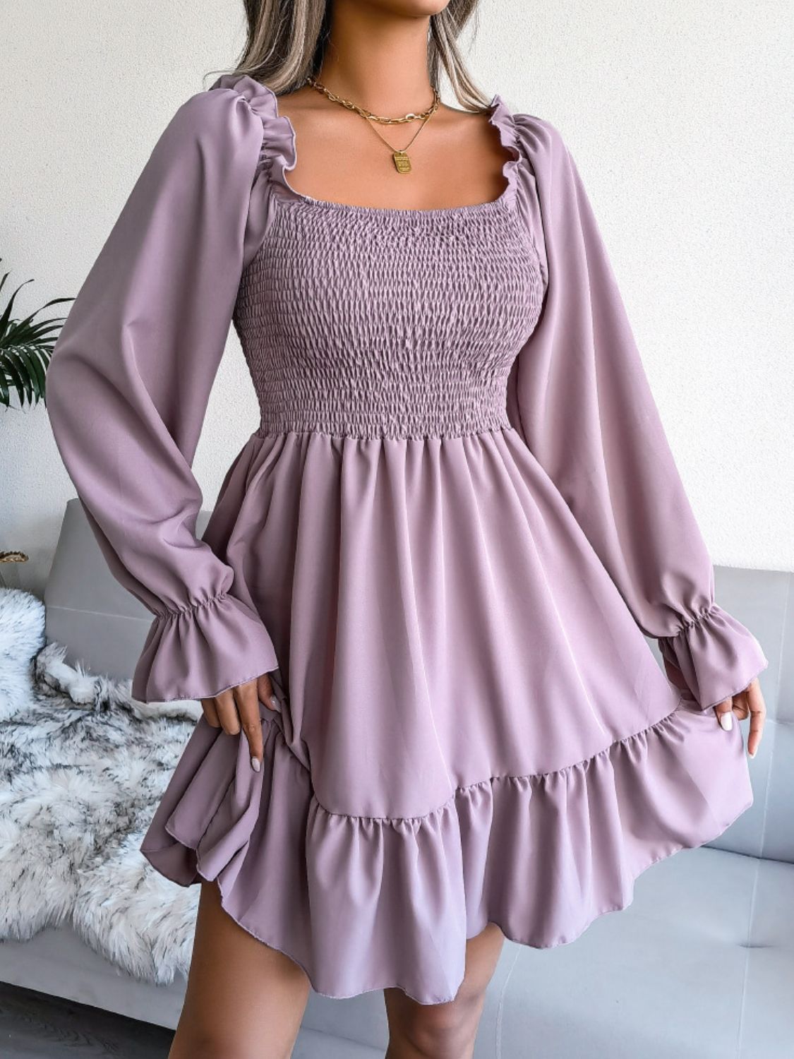 Smocked Flounce Sleeve Square Neck Dress - Dress - Lilac - Bella Bourget