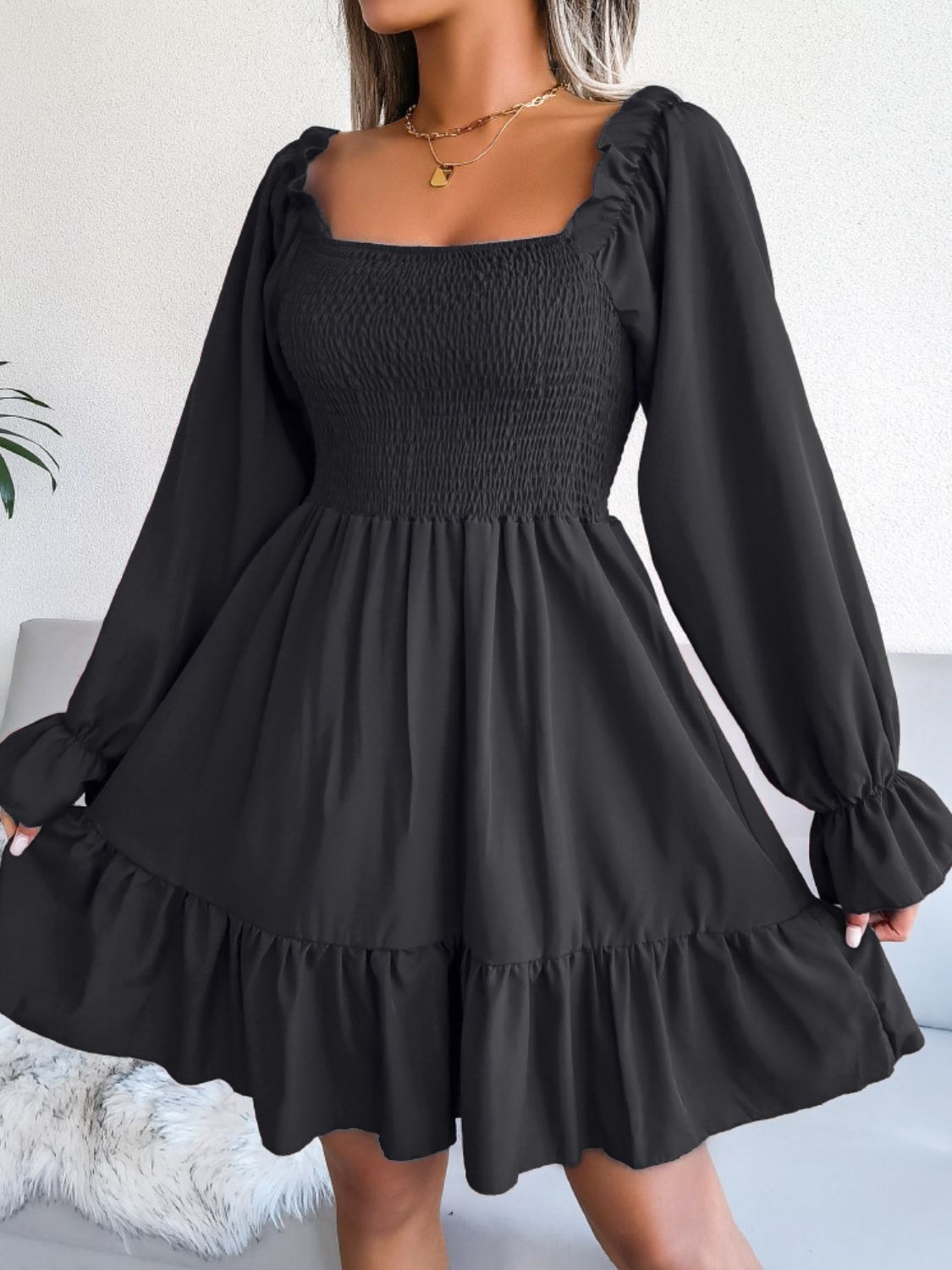 Smocked Flounce Sleeve Square Neck Dress - Dress - Black - Bella Bourget