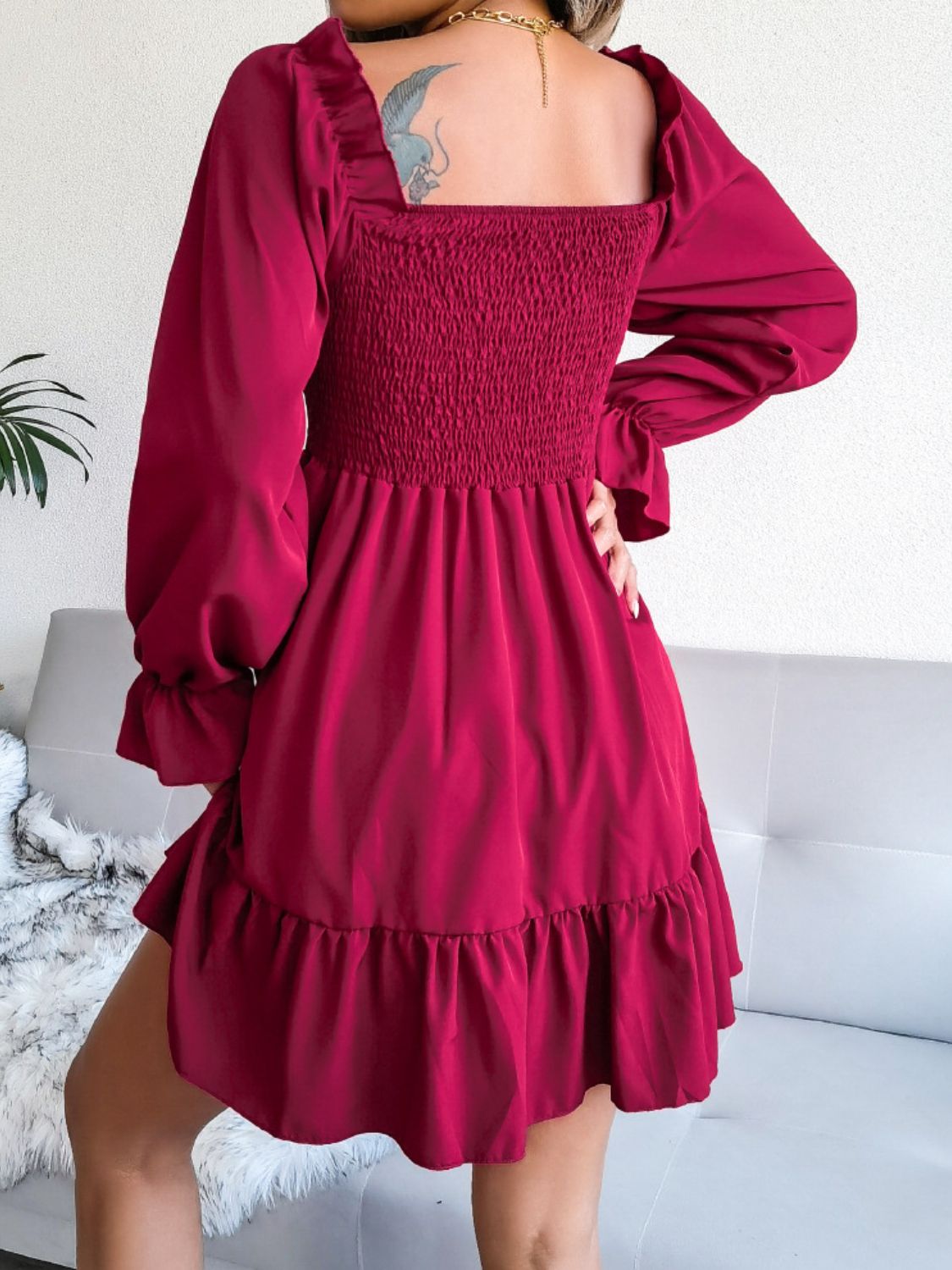 Smocked Flounce Sleeve Square Neck Dress - Dress - Wine - Bella Bourget