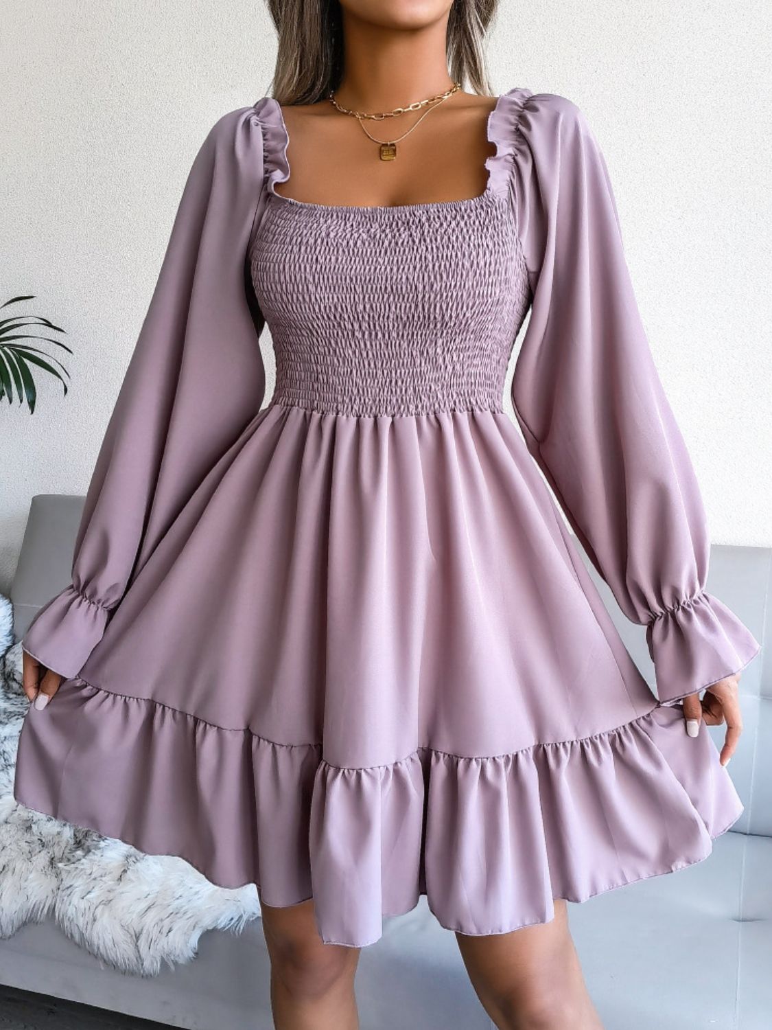 Smocked Flounce Sleeve Square Neck Dress - Dress - Lilac - Bella Bourget