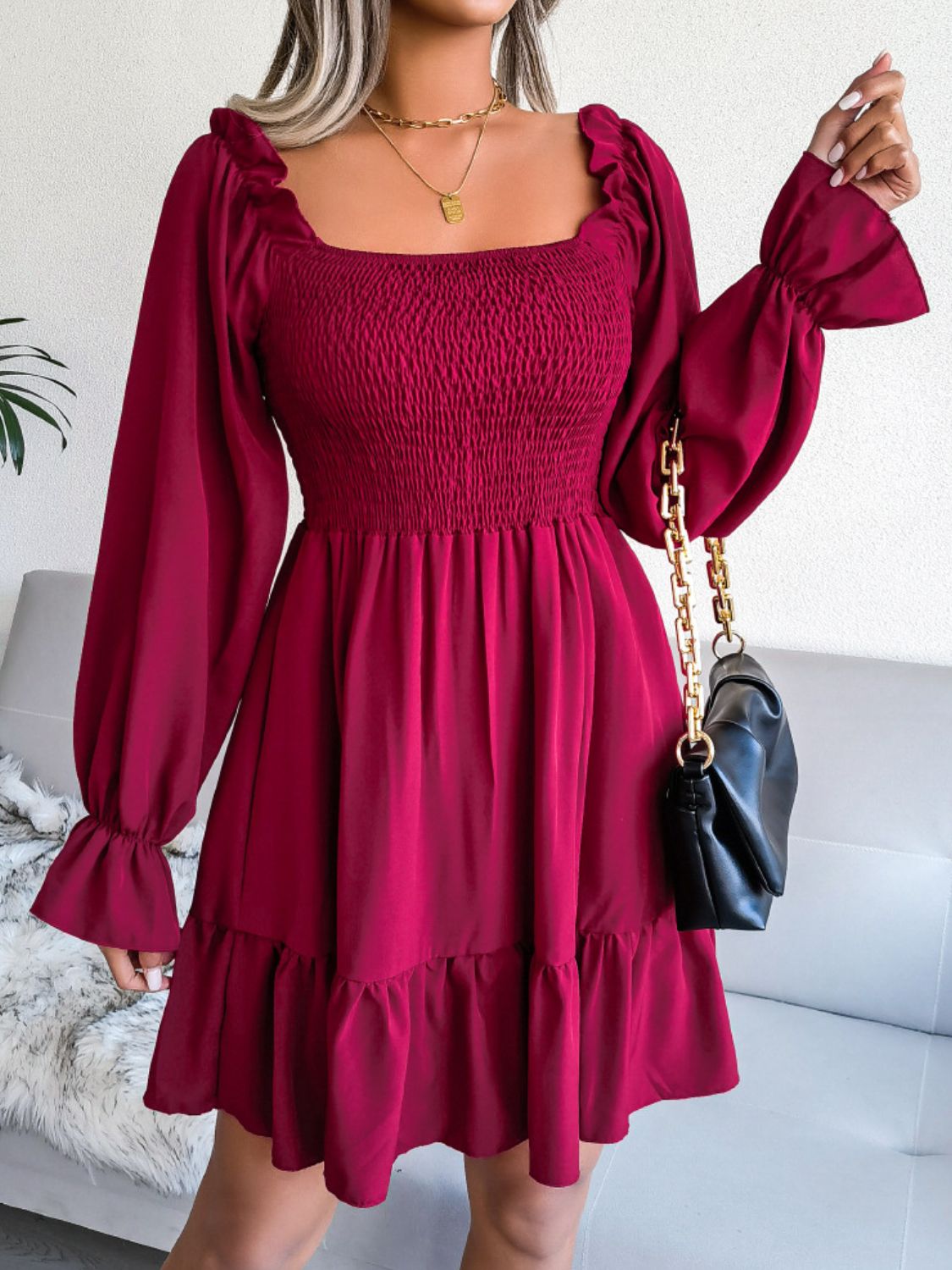 Smocked Flounce Sleeve Square Neck Dress - Dress - Wine - Bella Bourget