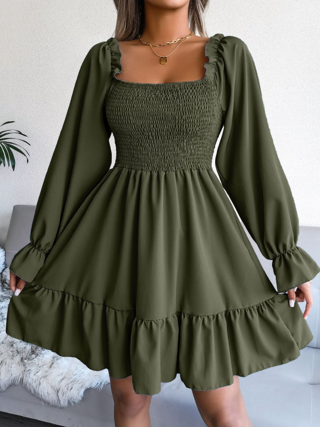 Smocked Flounce Sleeve Square Neck Dress - Dress - Olive - Bella Bourget