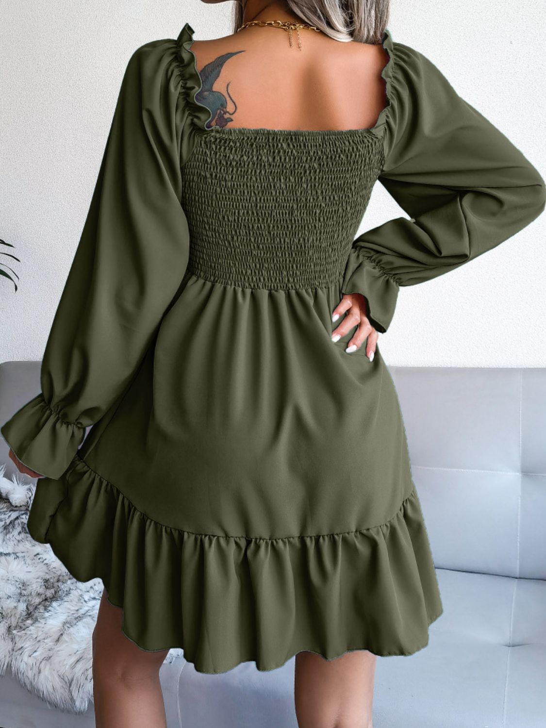 Smocked Flounce Sleeve Square Neck Dress - Dress - Olive - Bella Bourget