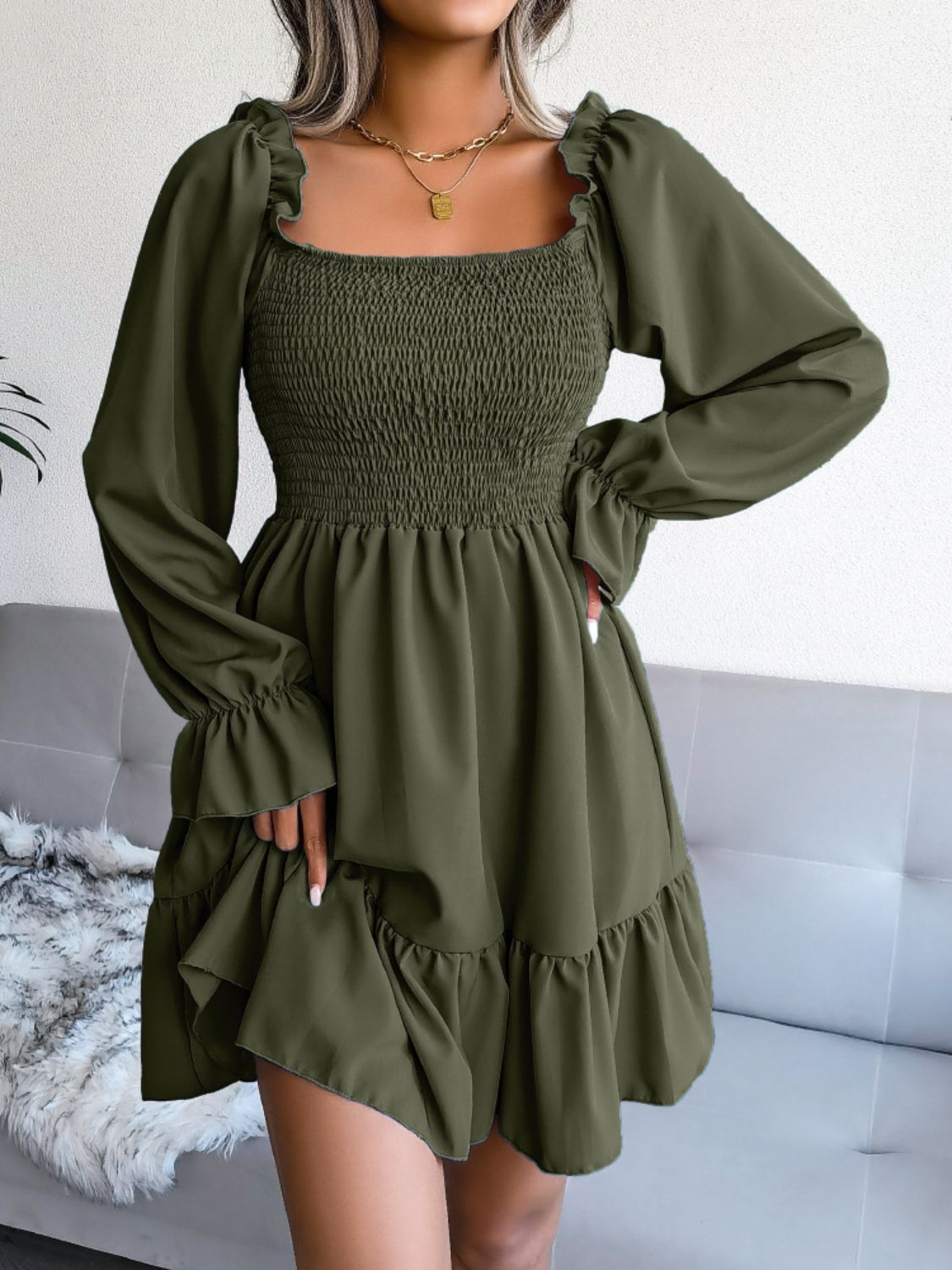 Smocked Flounce Sleeve Square Neck Dress - Dress - Olive - Bella Bourget