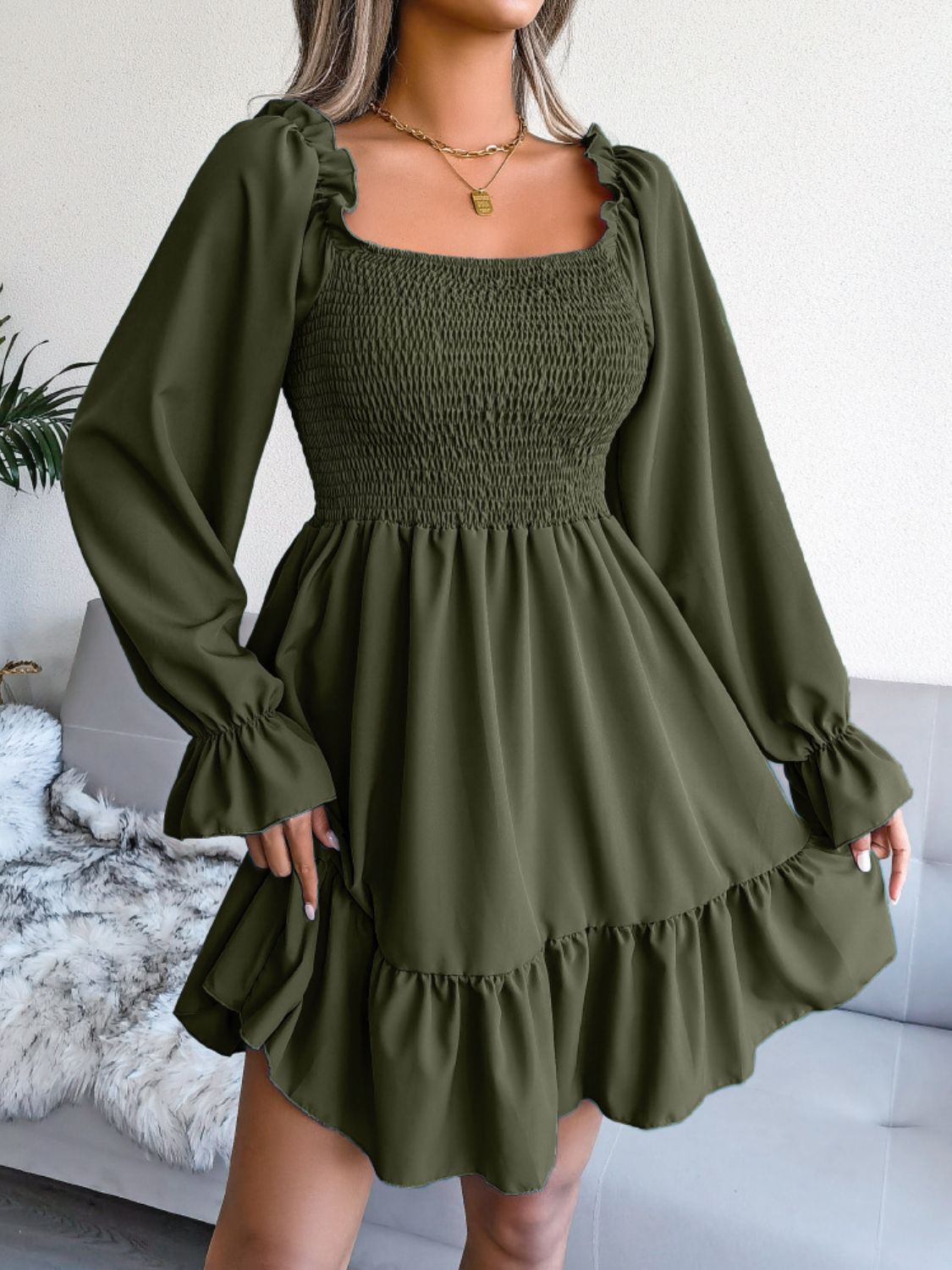 Smocked Flounce Sleeve Square Neck Dress - Dress - Olive - Bella Bourget