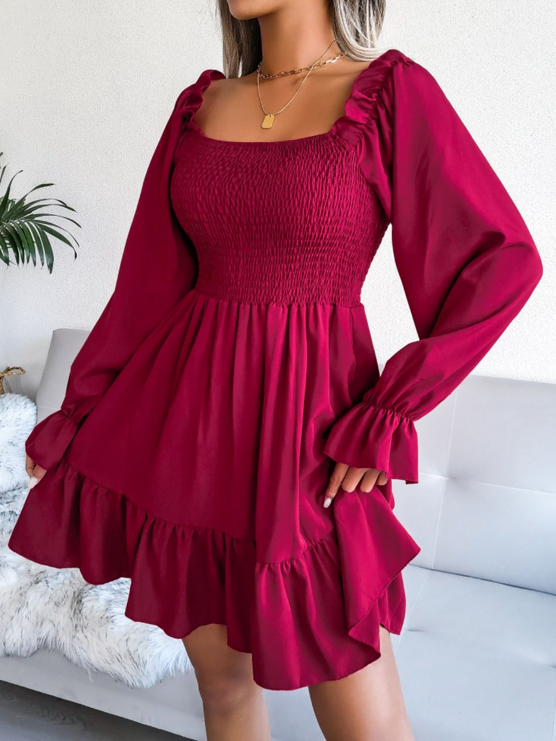 Smocked Flounce Sleeve Square Neck Dress - Dress - Wine - Bella Bourget