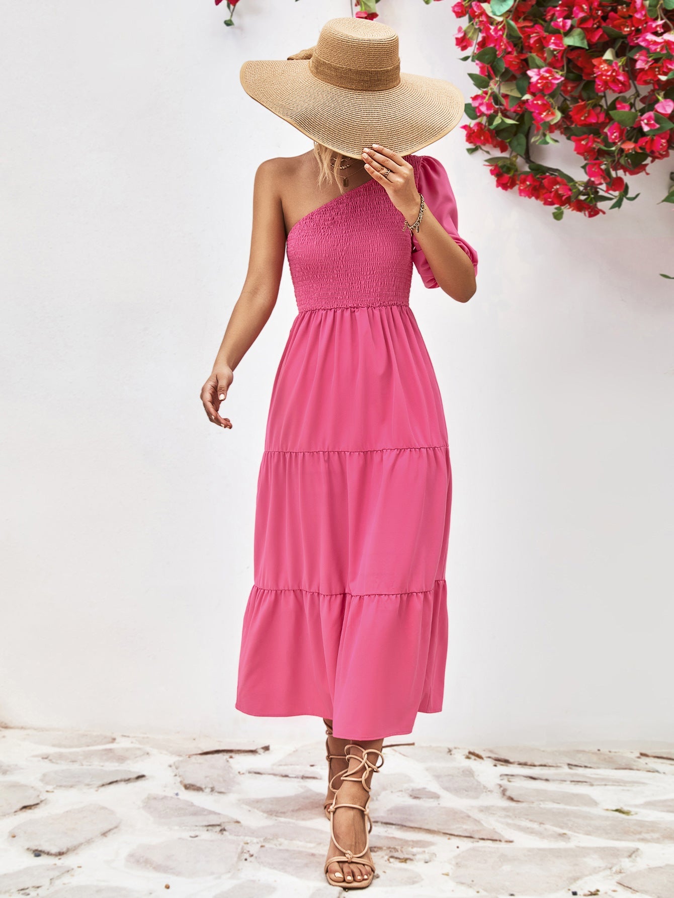 Smocked One - Shoulder Midi Dress - Dress - Hot Pink - Bella Bourget