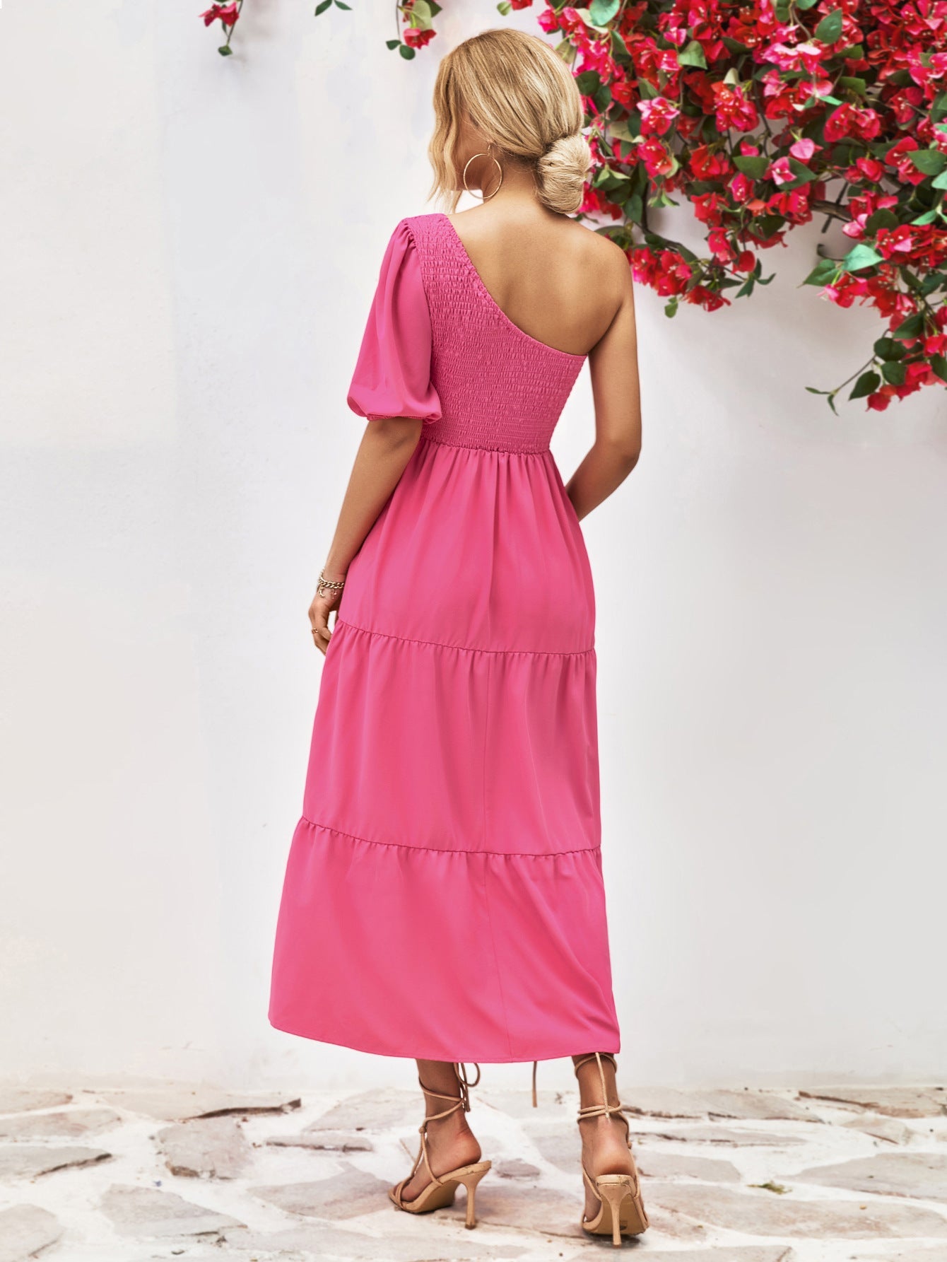 Smocked One - Shoulder Midi Dress - Dress - Hot Pink - Bella Bourget