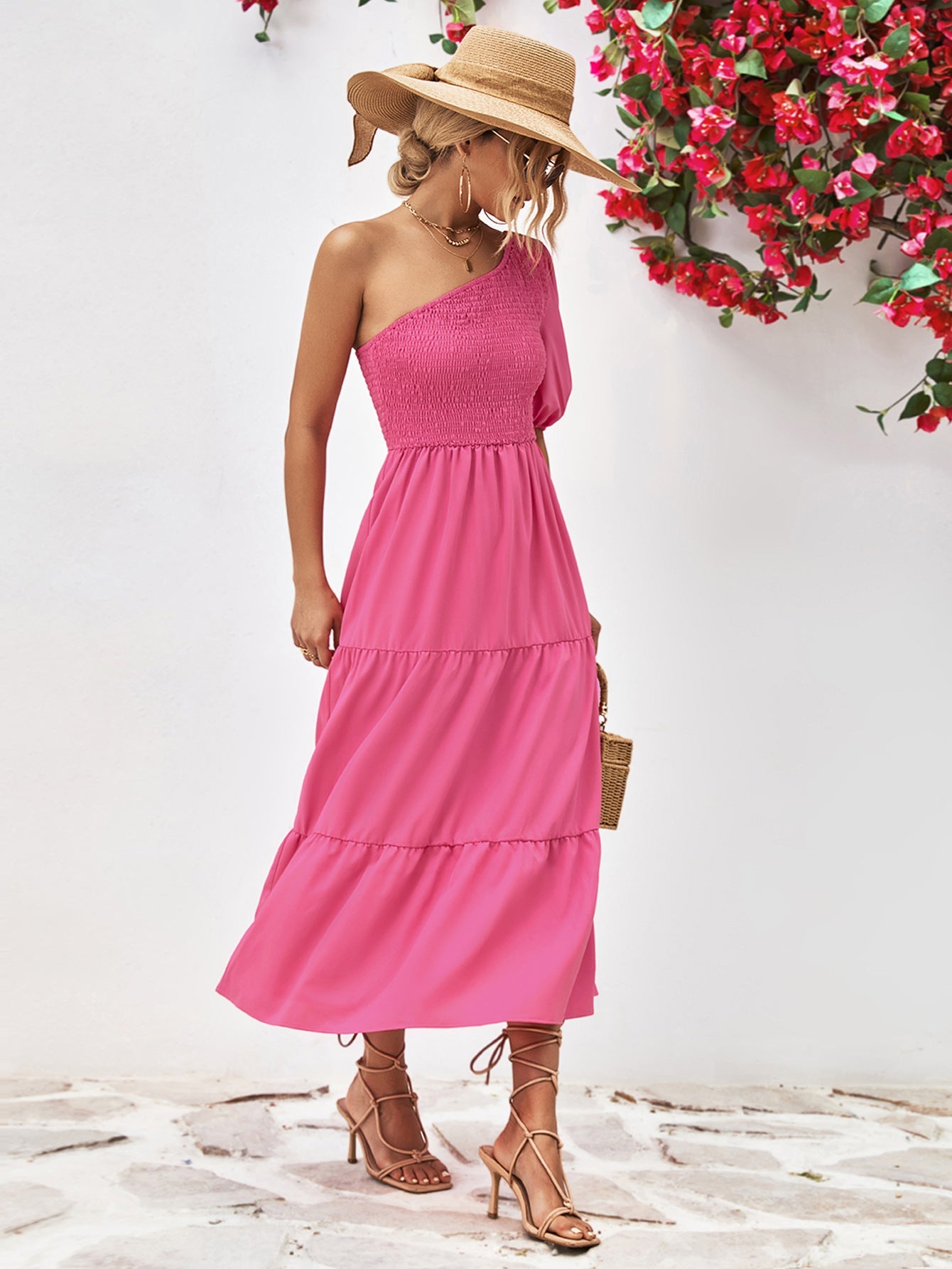 Smocked One - Shoulder Midi Dress - Dress - Hot Pink - Bella Bourget