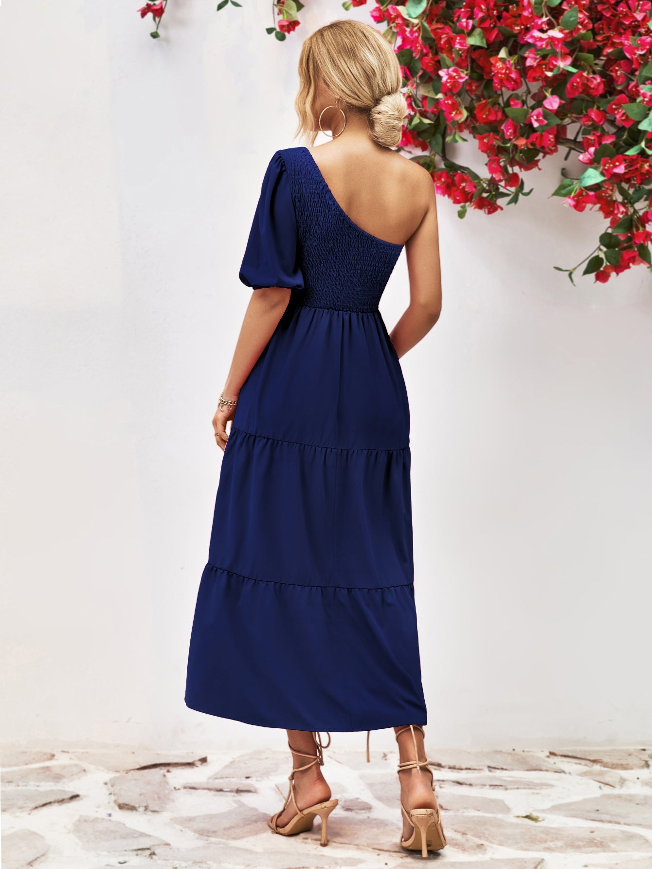 Smocked One - Shoulder Midi Dress - Dress - Dark Navy - Bella Bourget