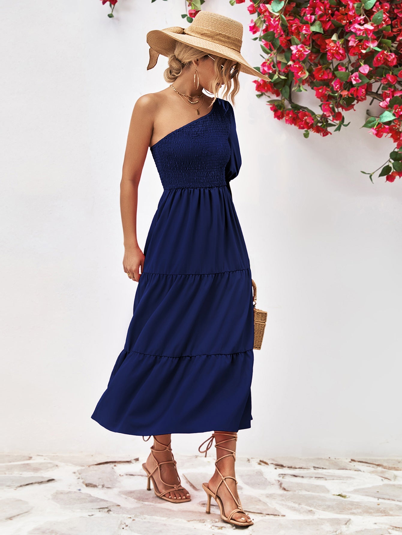 Smocked One - Shoulder Midi Dress - Dress - Dark Navy - Bella Bourget