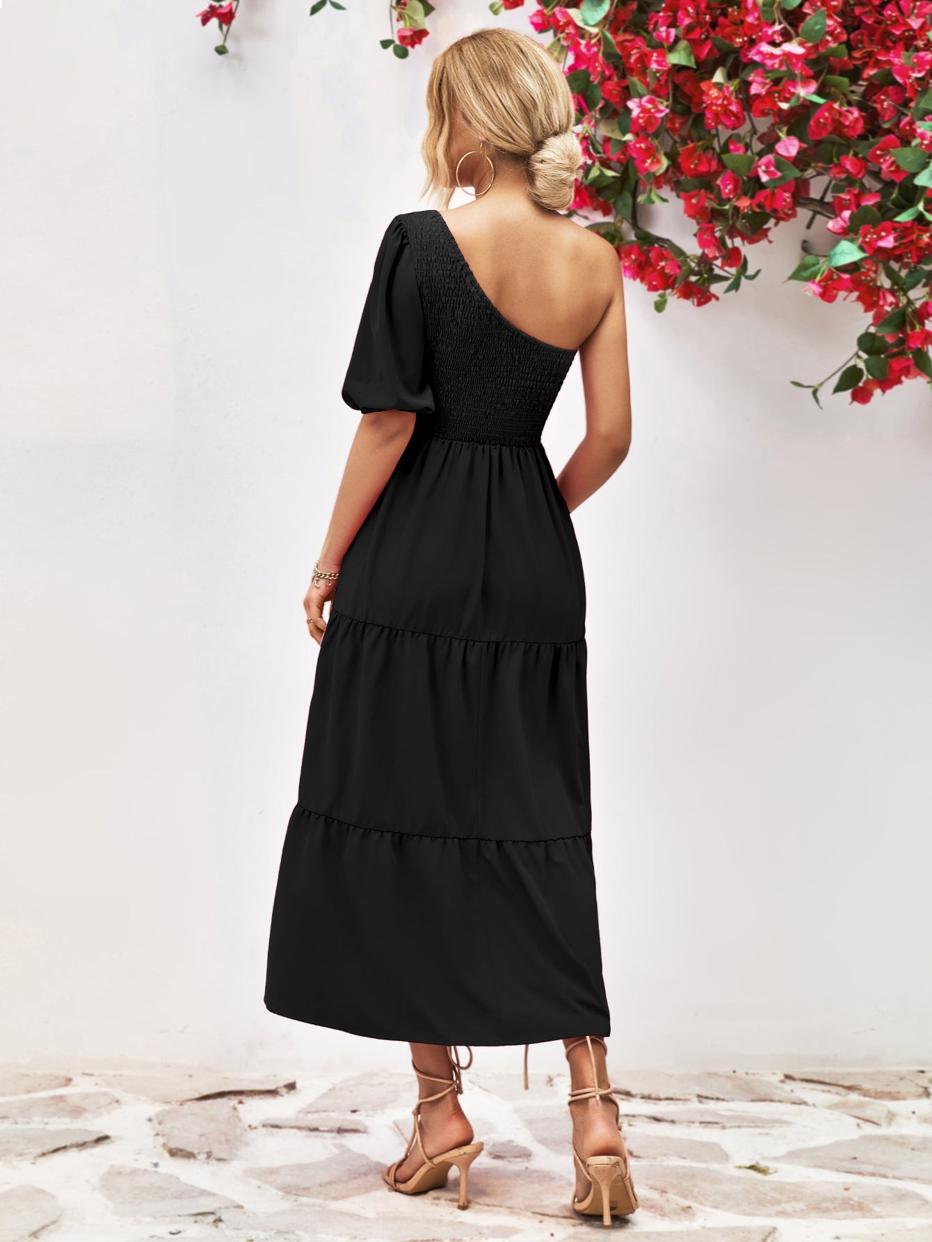 Smocked One - Shoulder Midi Dress - Dress - Black - Bella Bourget