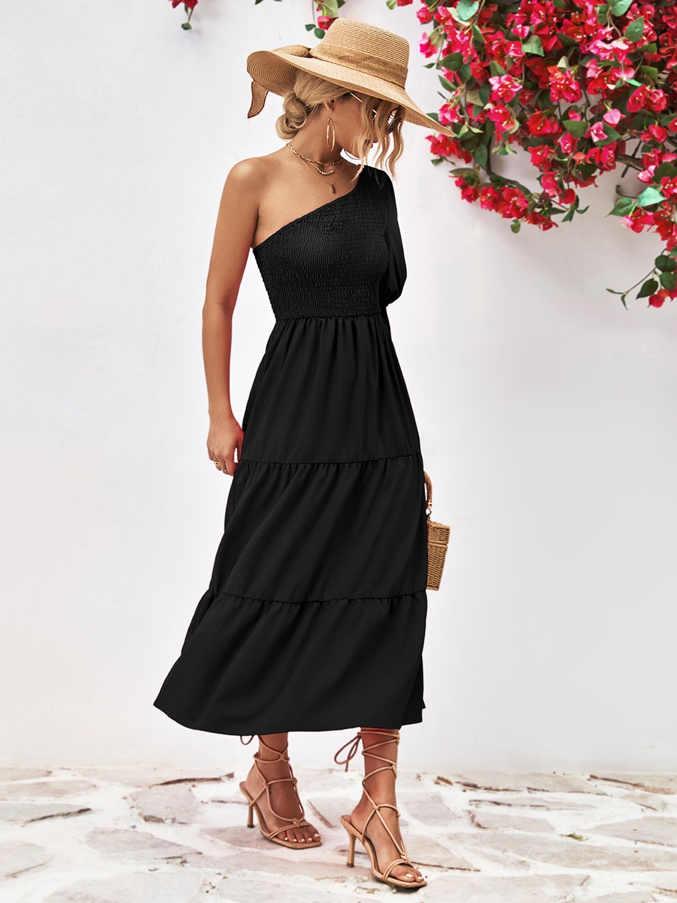 Smocked One - Shoulder Midi Dress - Dress - Black - Bella Bourget