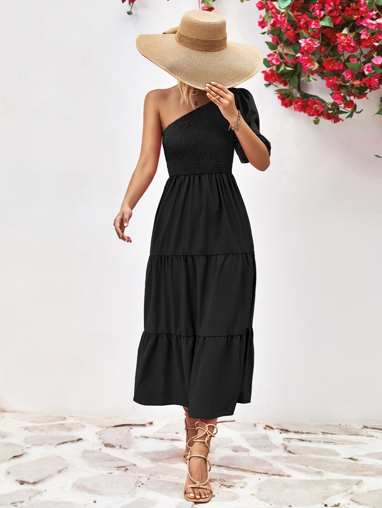 Smocked One - Shoulder Midi Dress - Dress - Black - Bella Bourget