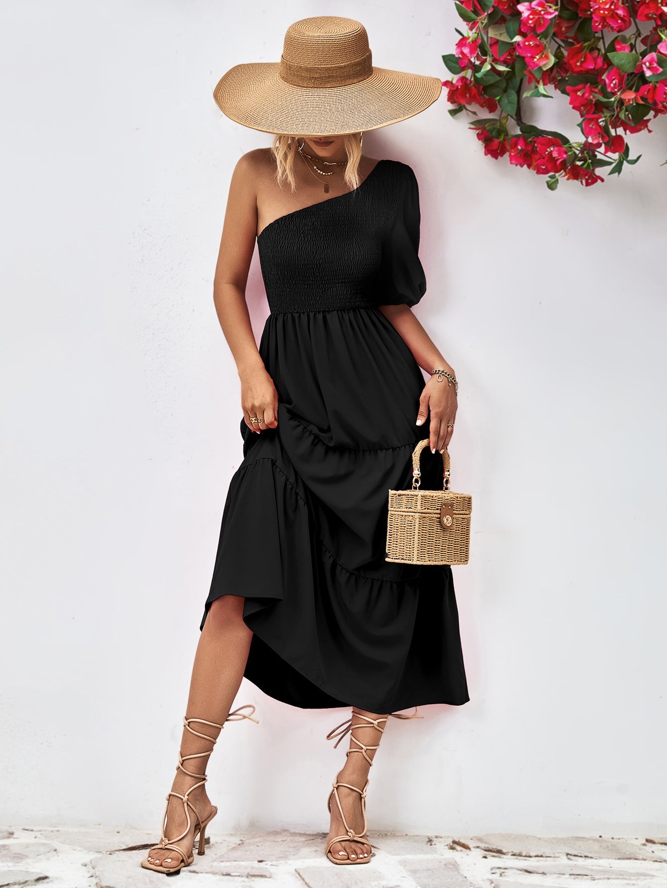 Smocked One - Shoulder Midi Dress - Dress - Black - Bella Bourget