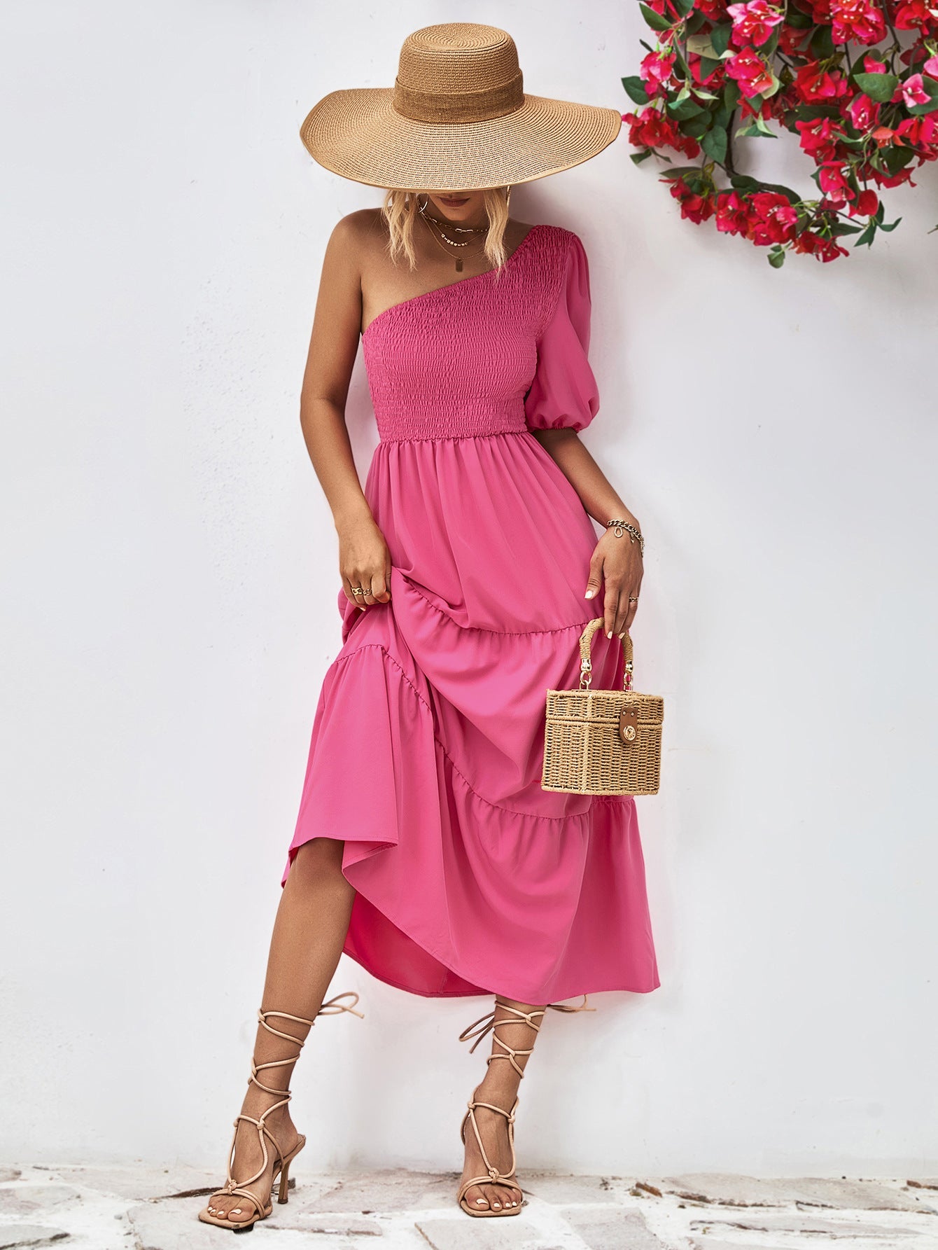 Smocked One - Shoulder Midi Dress - Dress - Hot Pink - Bella Bourget