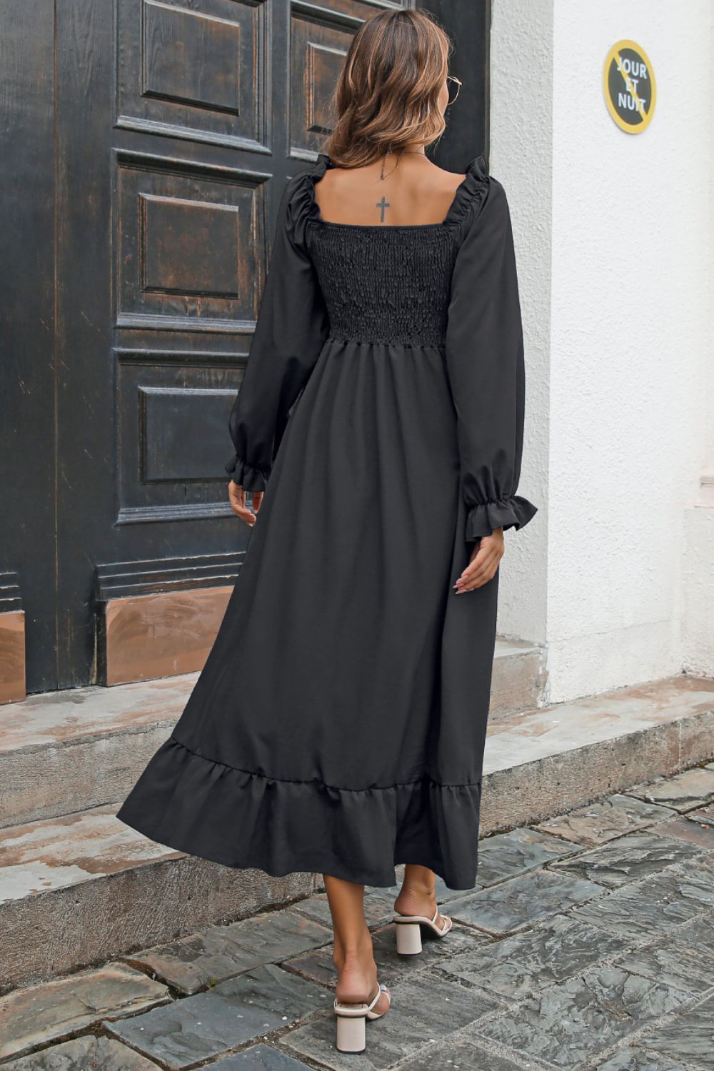 Smocked Ruffle Hem Flounce Sleeve Dress - Dress - Black - Bella Bourget