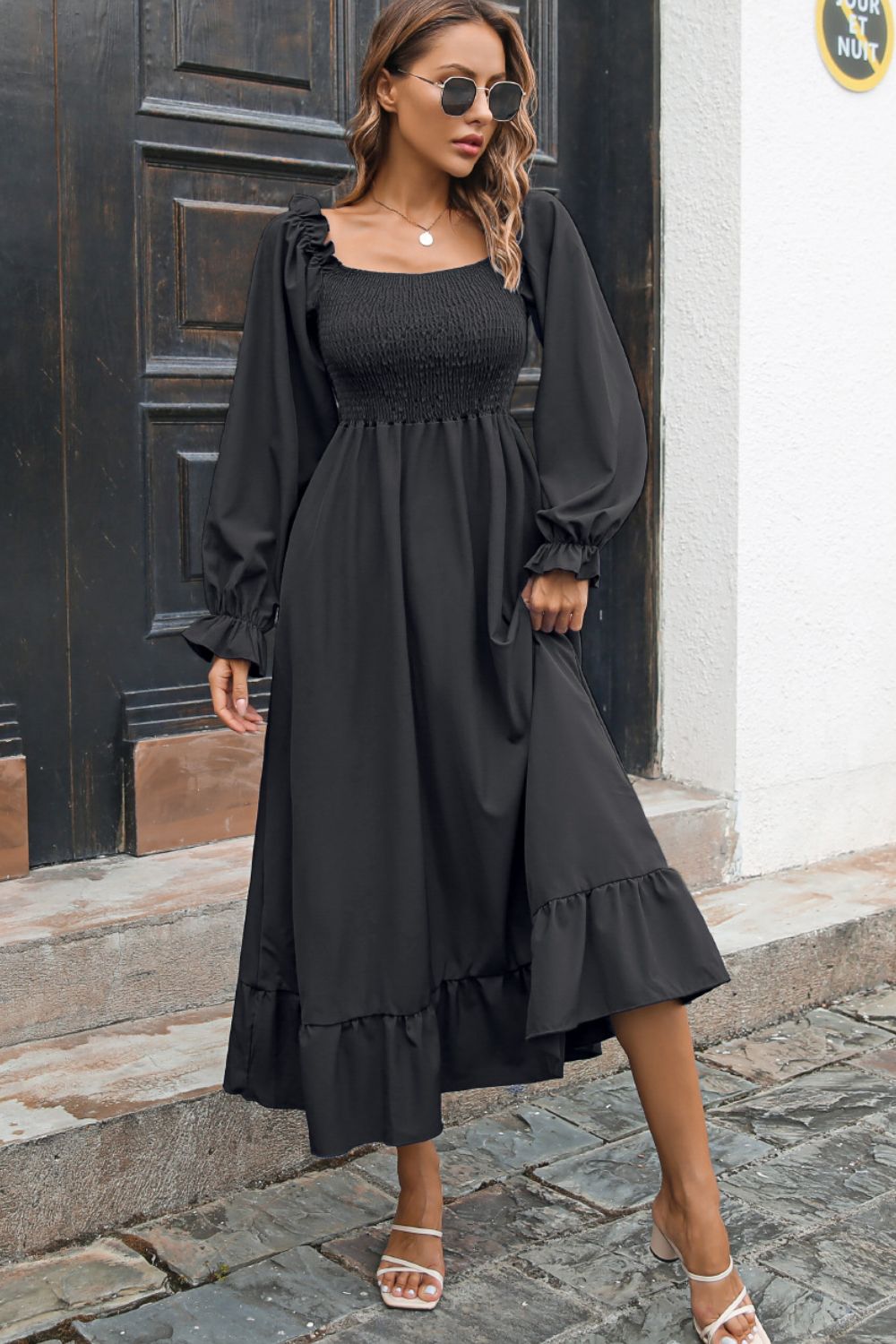 Smocked Ruffle Hem Flounce Sleeve Dress - Dress - Black - Bella Bourget