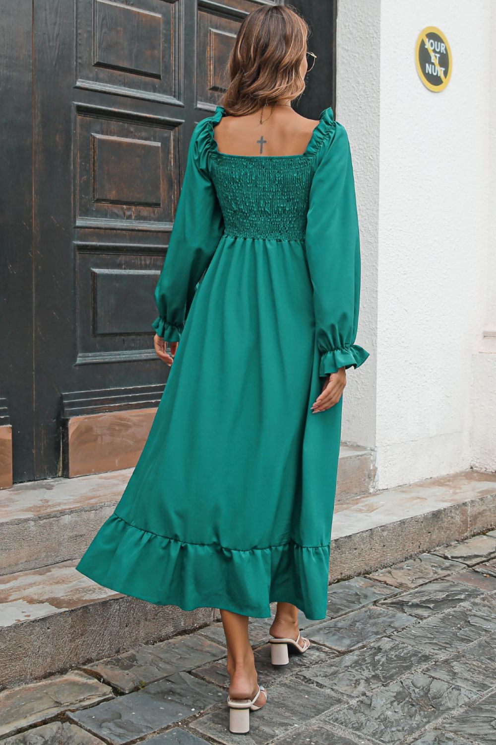 Smocked Ruffle Hem Flounce Sleeve Dress - Dress - Green - Bella Bourget