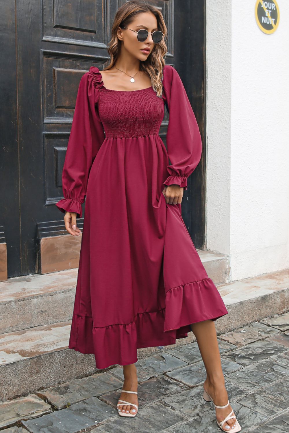 Smocked Ruffle Hem Flounce Sleeve Dress - Dress - Wine - Bella Bourget