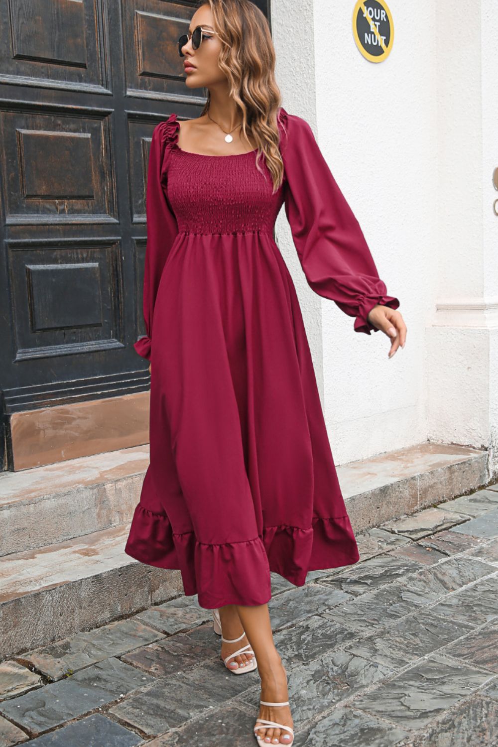 Smocked Ruffle Hem Flounce Sleeve Dress - Dress - Wine - Bella Bourget