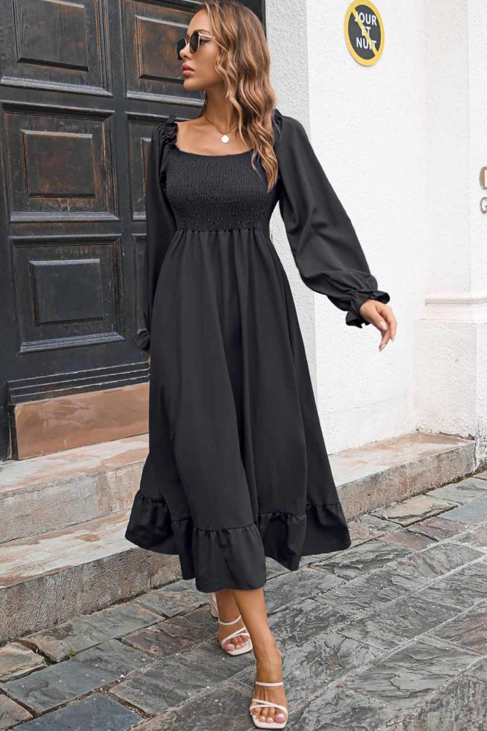 Smocked Ruffle Hem Flounce Sleeve Dress - Dress - Black - Bella Bourget