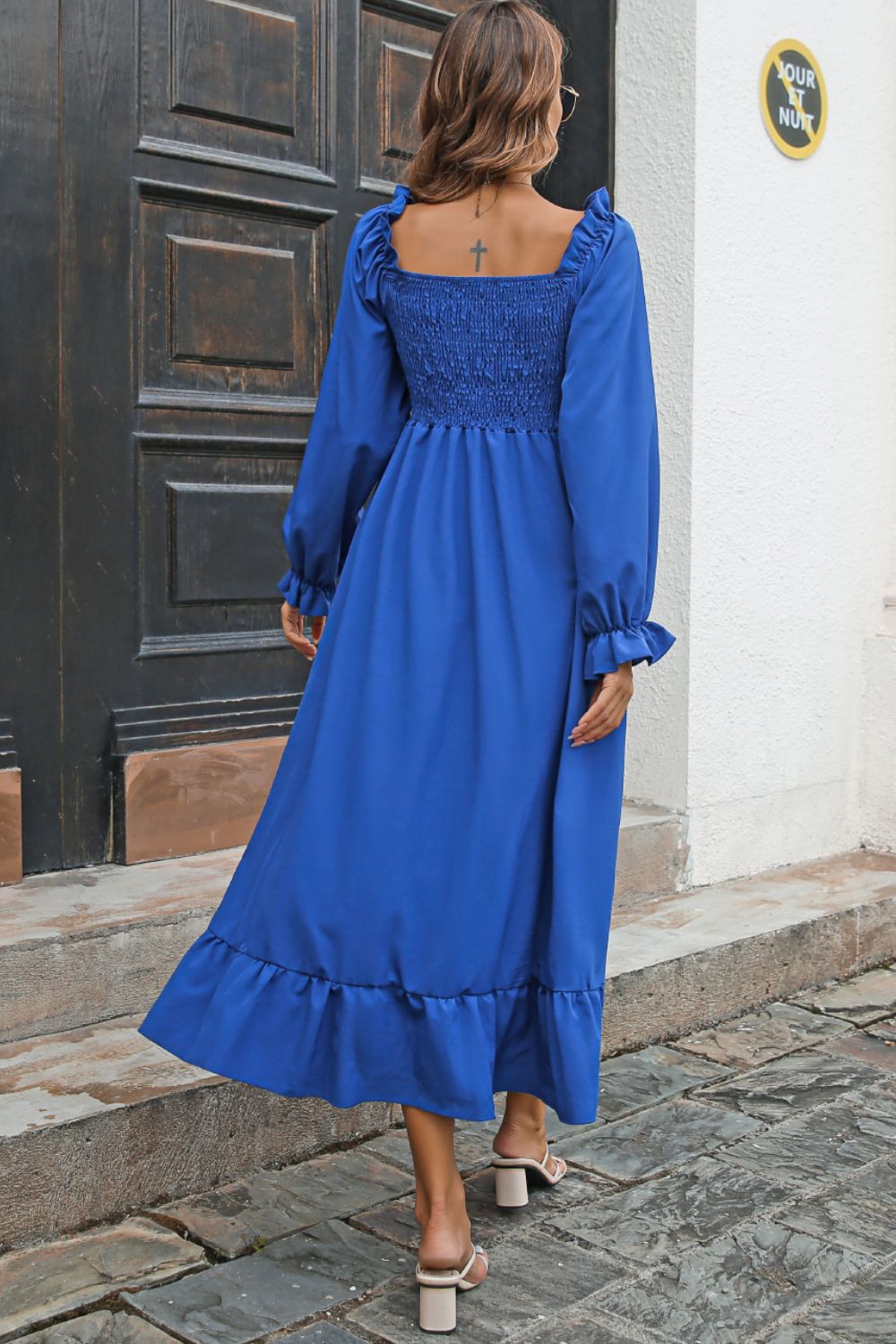 Smocked Ruffle Hem Flounce Sleeve Dress - Dress - Royal Blue - Bella Bourget