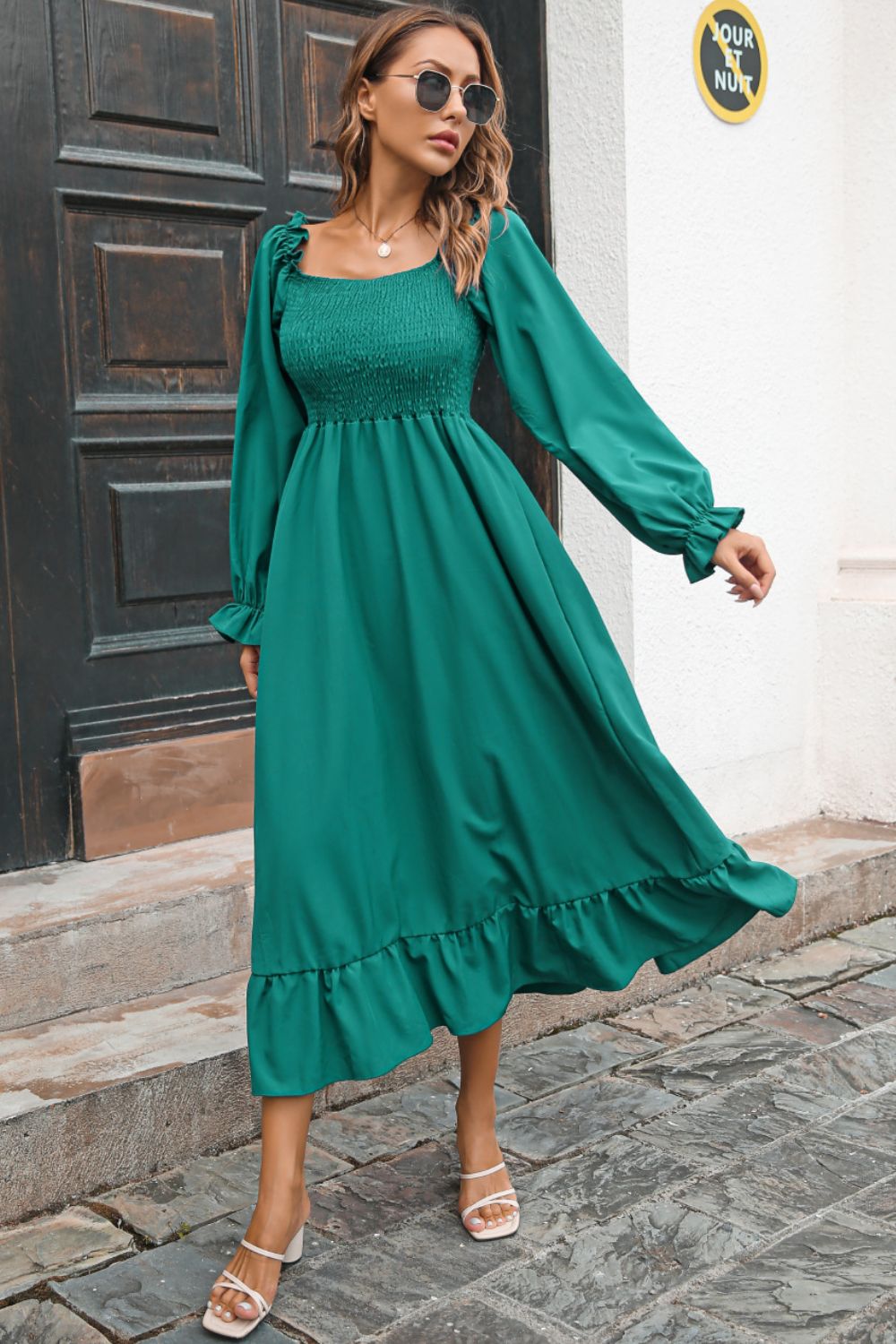 Smocked Ruffle Hem Flounce Sleeve Dress - Dress - Green - Bella Bourget