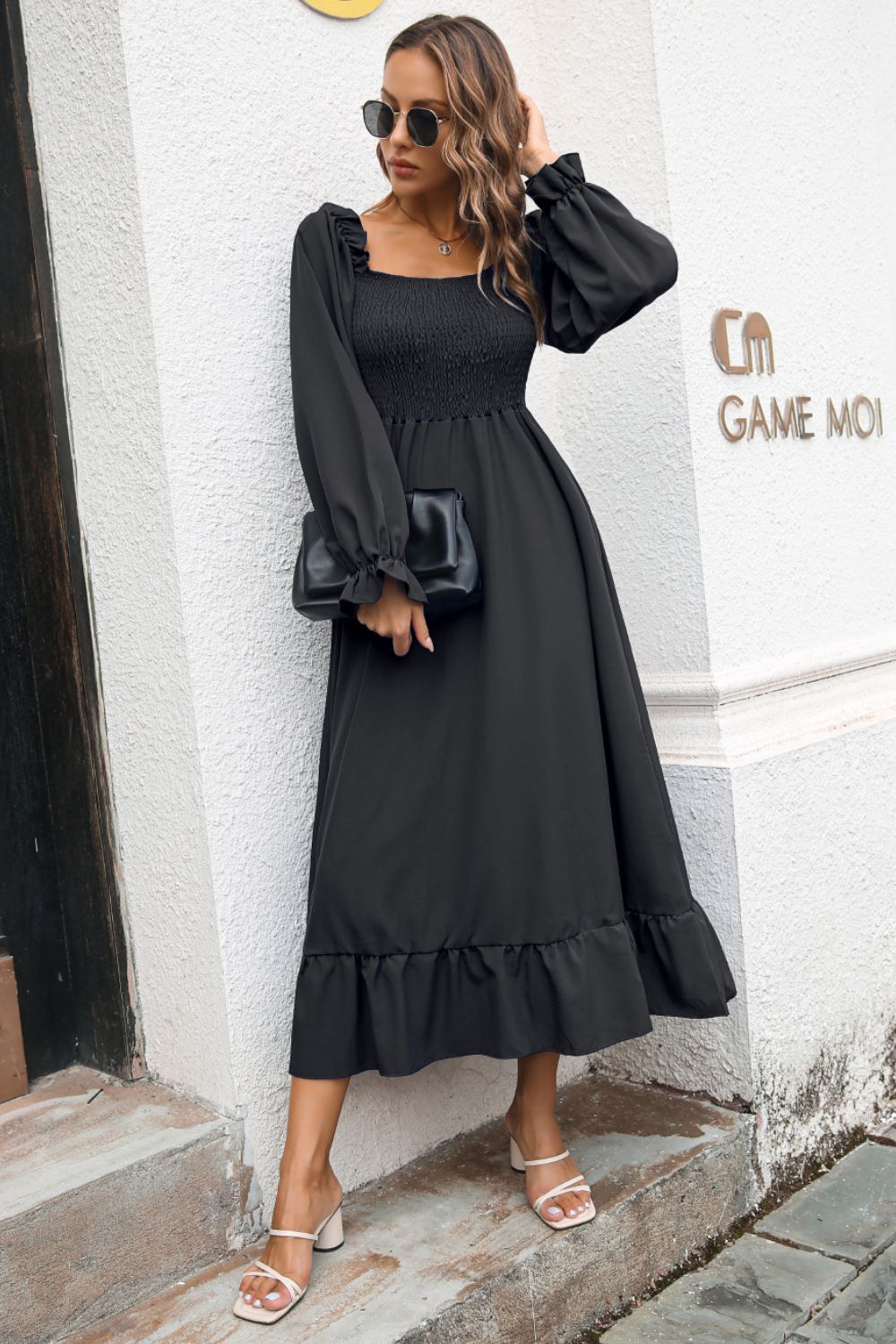 Smocked Ruffle Hem Flounce Sleeve Dress - Dress - Black - Bella Bourget