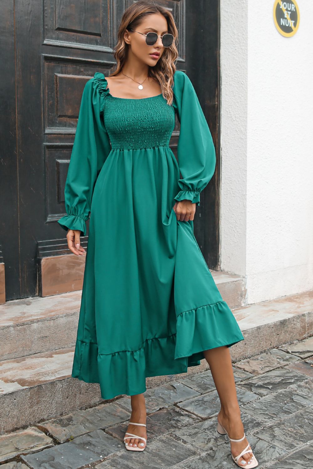 Smocked Ruffle Hem Flounce Sleeve Dress - Dress - Green - Bella Bourget