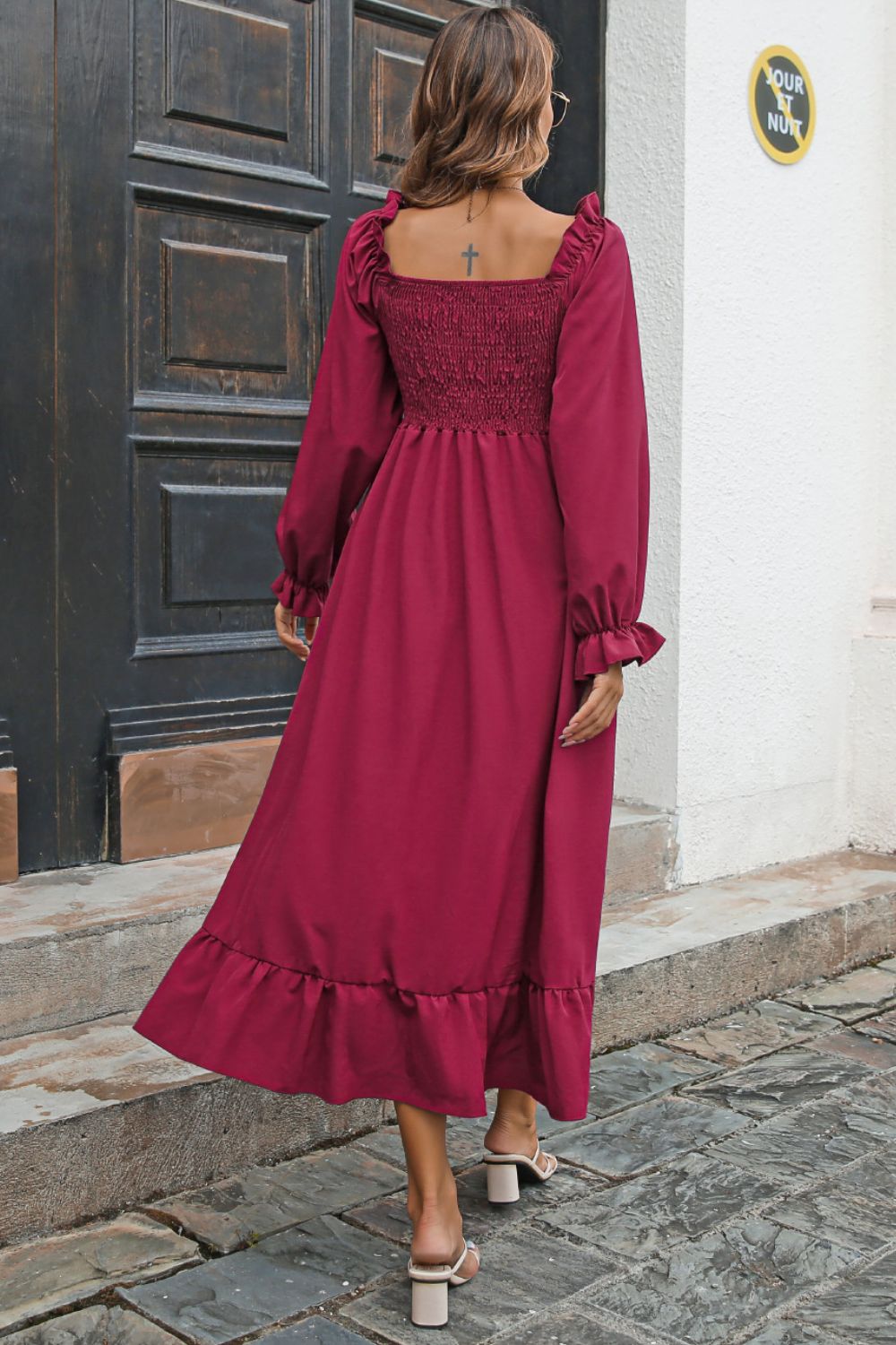 Smocked Ruffle Hem Flounce Sleeve Dress - Dress - Wine - Bella Bourget