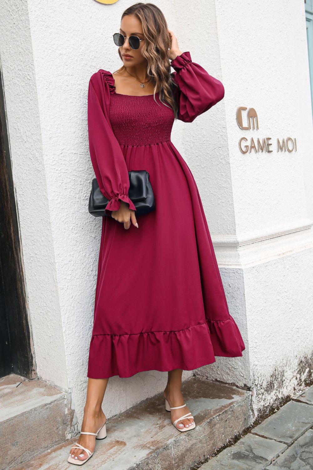 Smocked Ruffle Hem Flounce Sleeve Dress - Dress - Wine - Bella Bourget