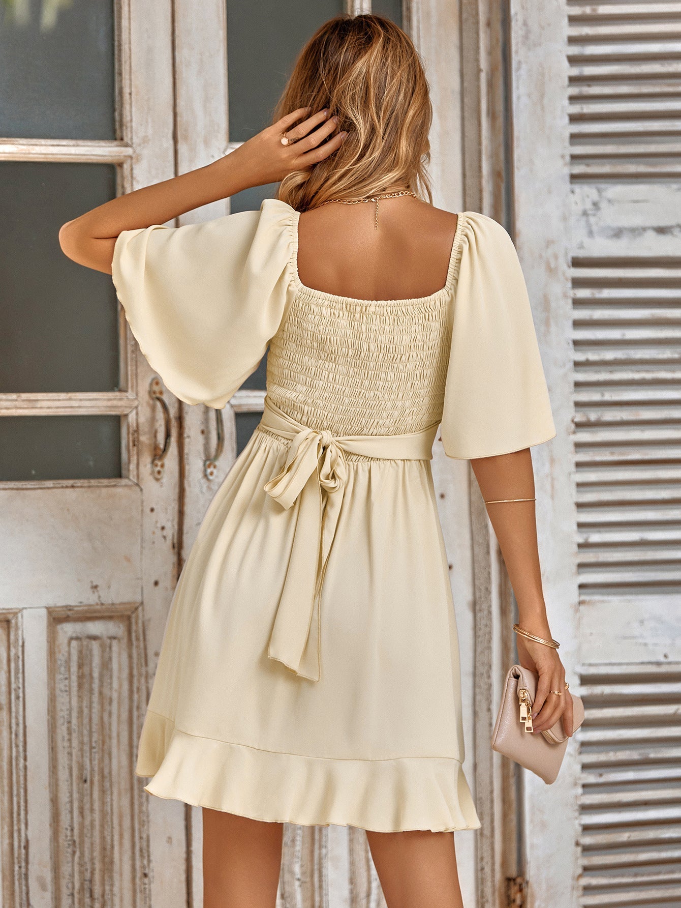 Smocked Tie Back Ruffle Hem Dress - Dress - Sand - Bella Bourget