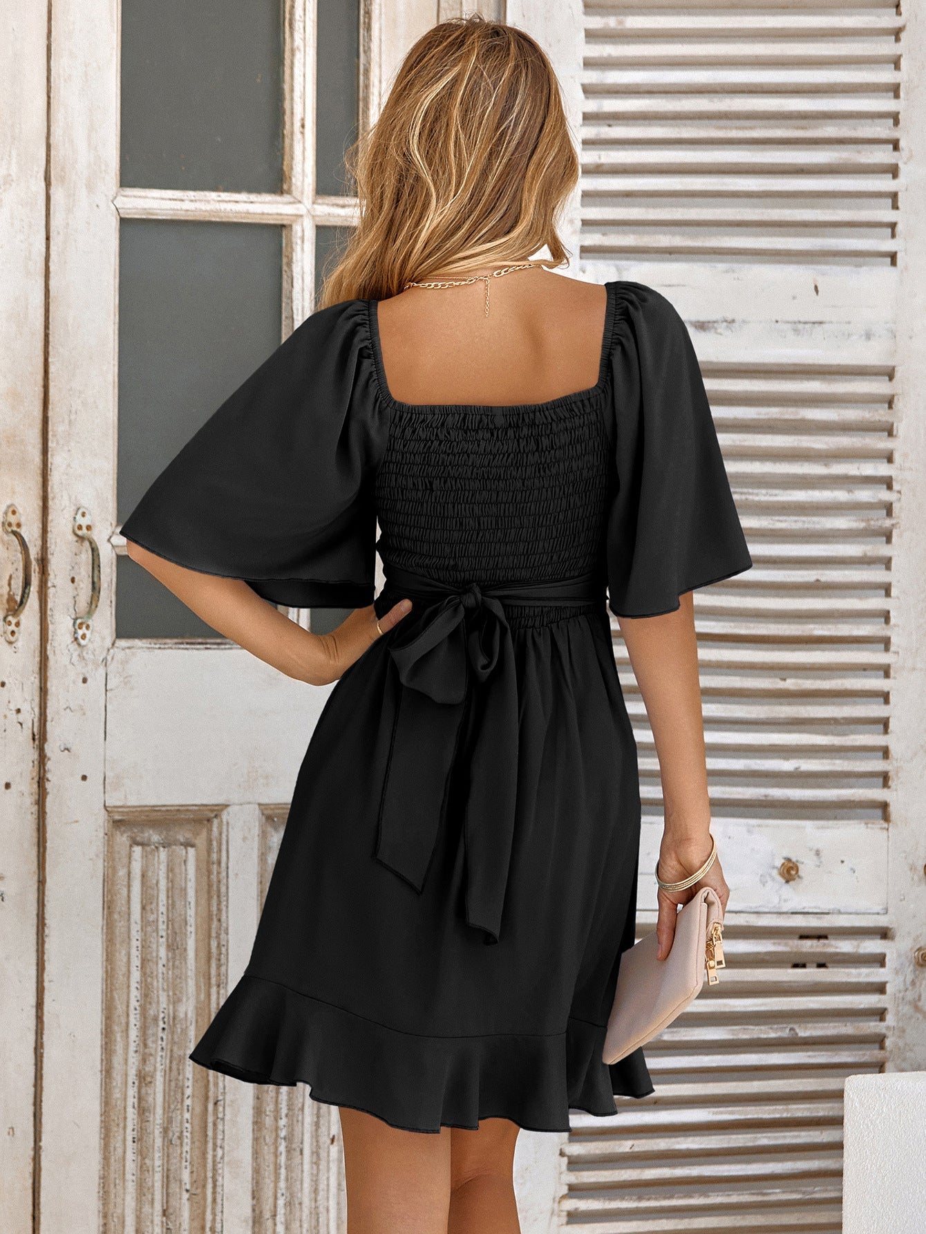 Smocked Tie Back Ruffle Hem Dress - Dress - Black - Bella Bourget