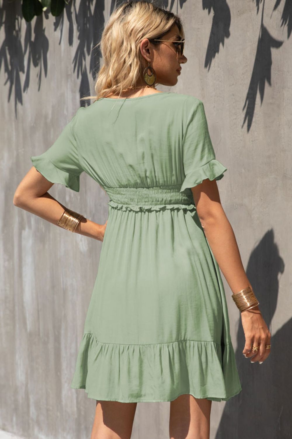 Smocked Waist Flounce Sleeve Ruffle Hem Dress - Dress - Gum Leaf - Bella Bourget