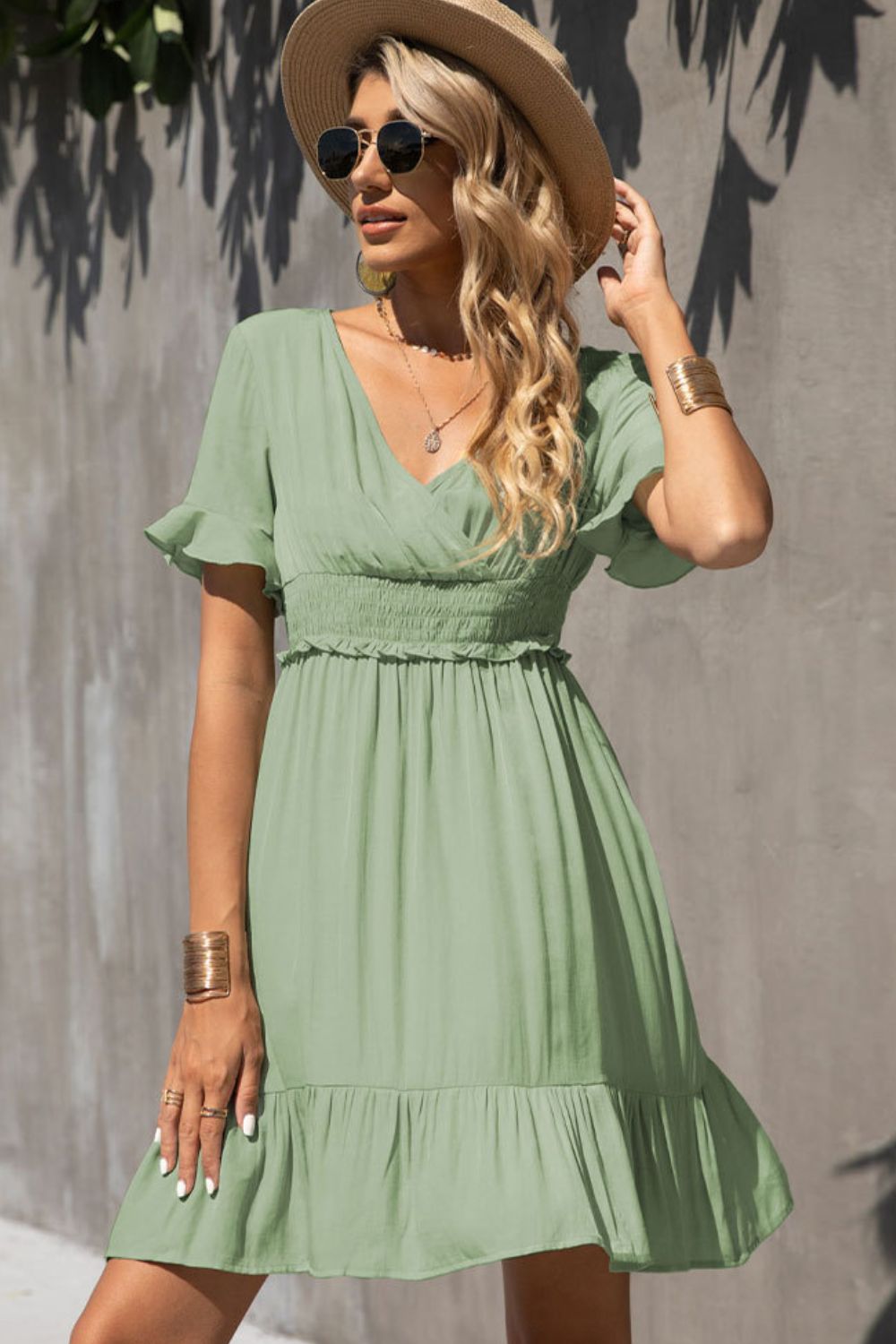 Smocked Waist Flounce Sleeve Ruffle Hem Dress - Dress - Gum Leaf - Bella Bourget