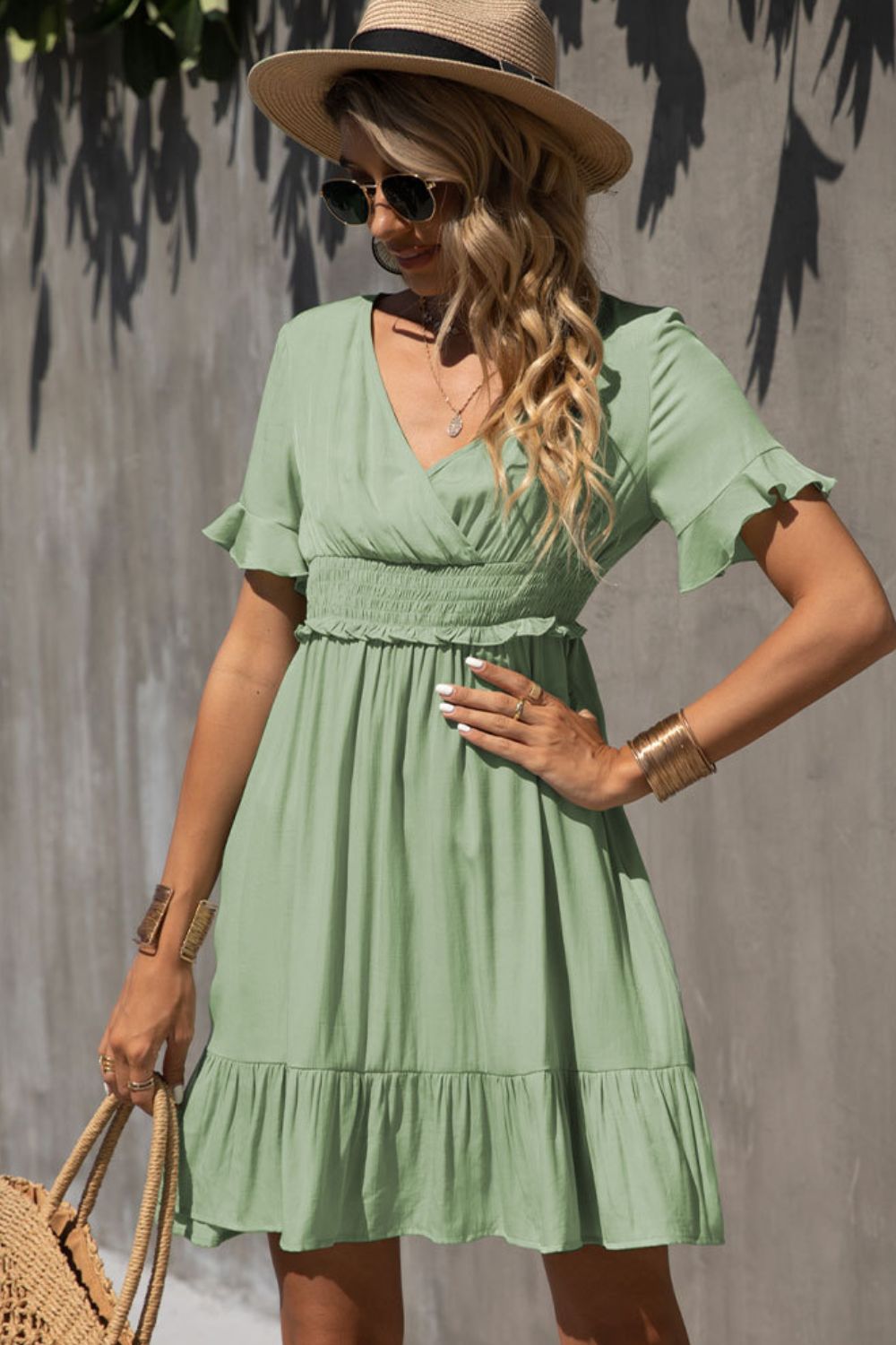 Smocked Waist Flounce Sleeve Ruffle Hem Dress - Dress - Gum Leaf - Bella Bourget