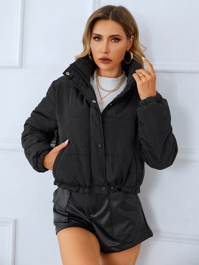 Snap and Zip Closure Drawstring Cropped Winter Coat - Coat - Black - Bella Bourget