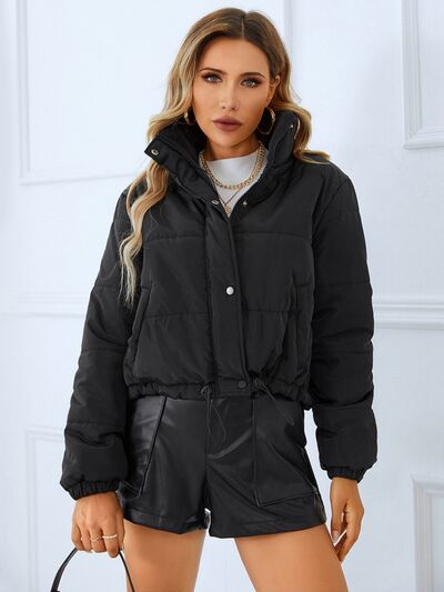 Snap and Zip Closure Drawstring Cropped Winter Coat - Coat - Black - Bella Bourget