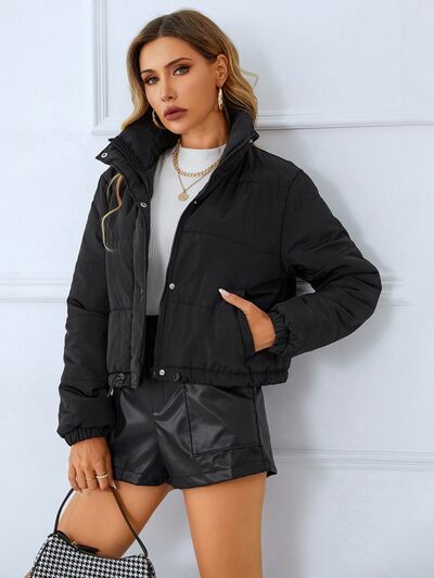 Snap and Zip Closure Drawstring Cropped Winter Coat - Coat - Black - Bella Bourget