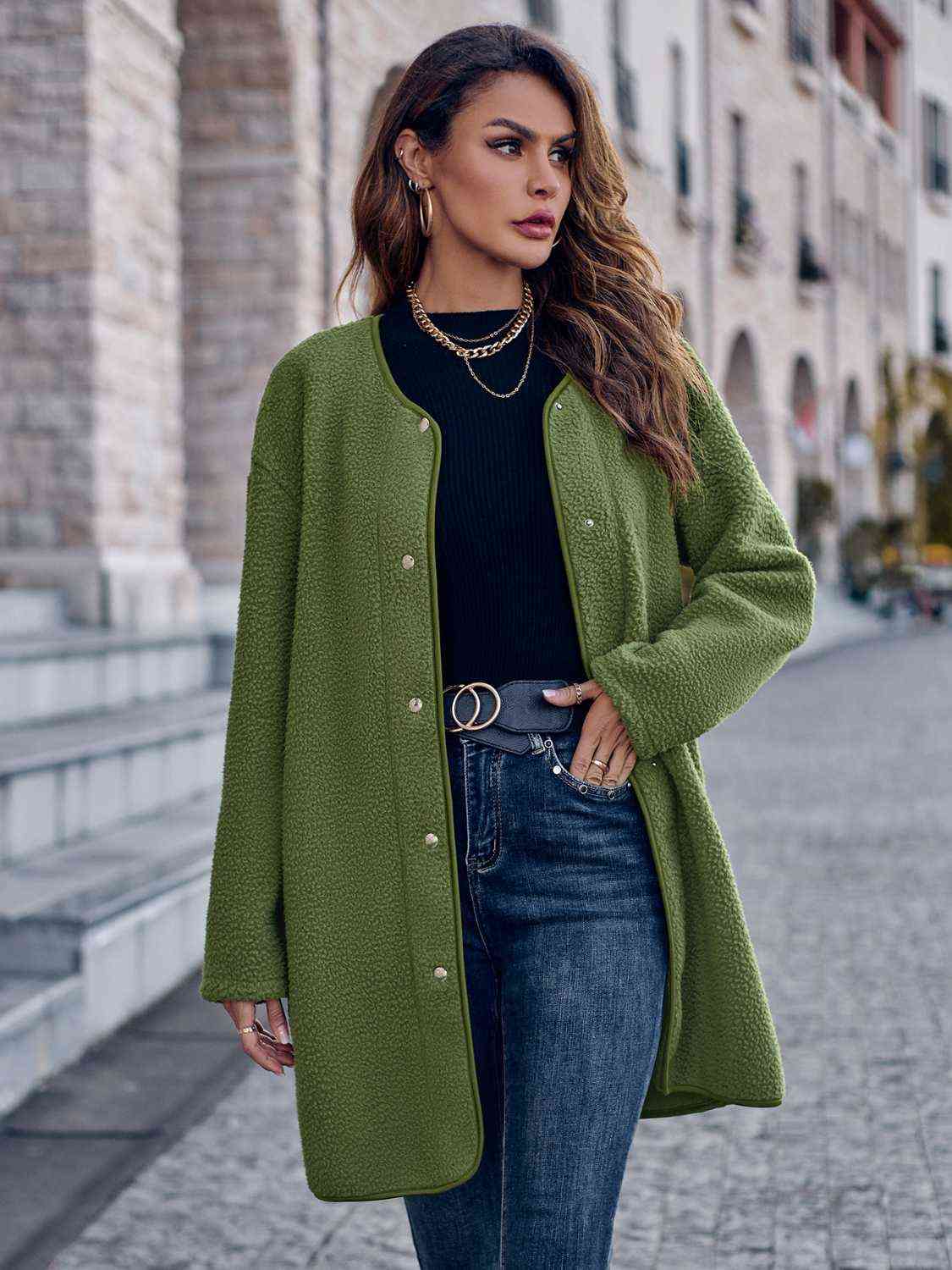 Snap Down Drop Shoulder Coat - Coat - Moss - Bella Bourget