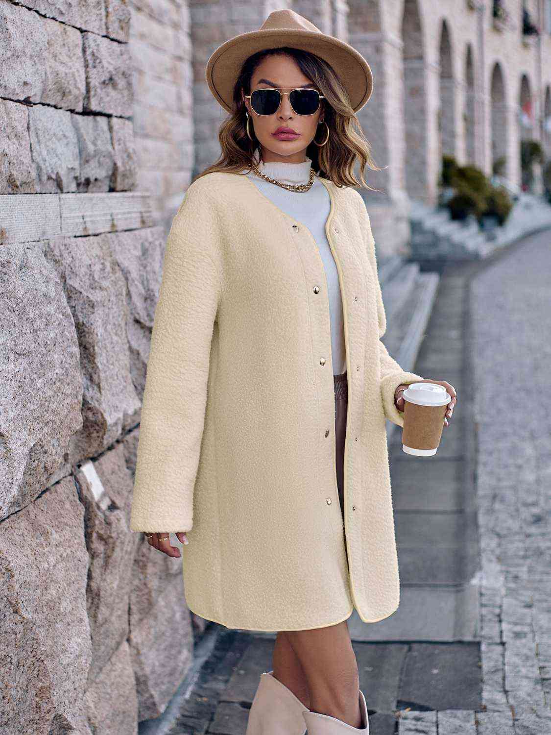 Snap Down Drop Shoulder Coat - Coat - Cream - Bella Bourget