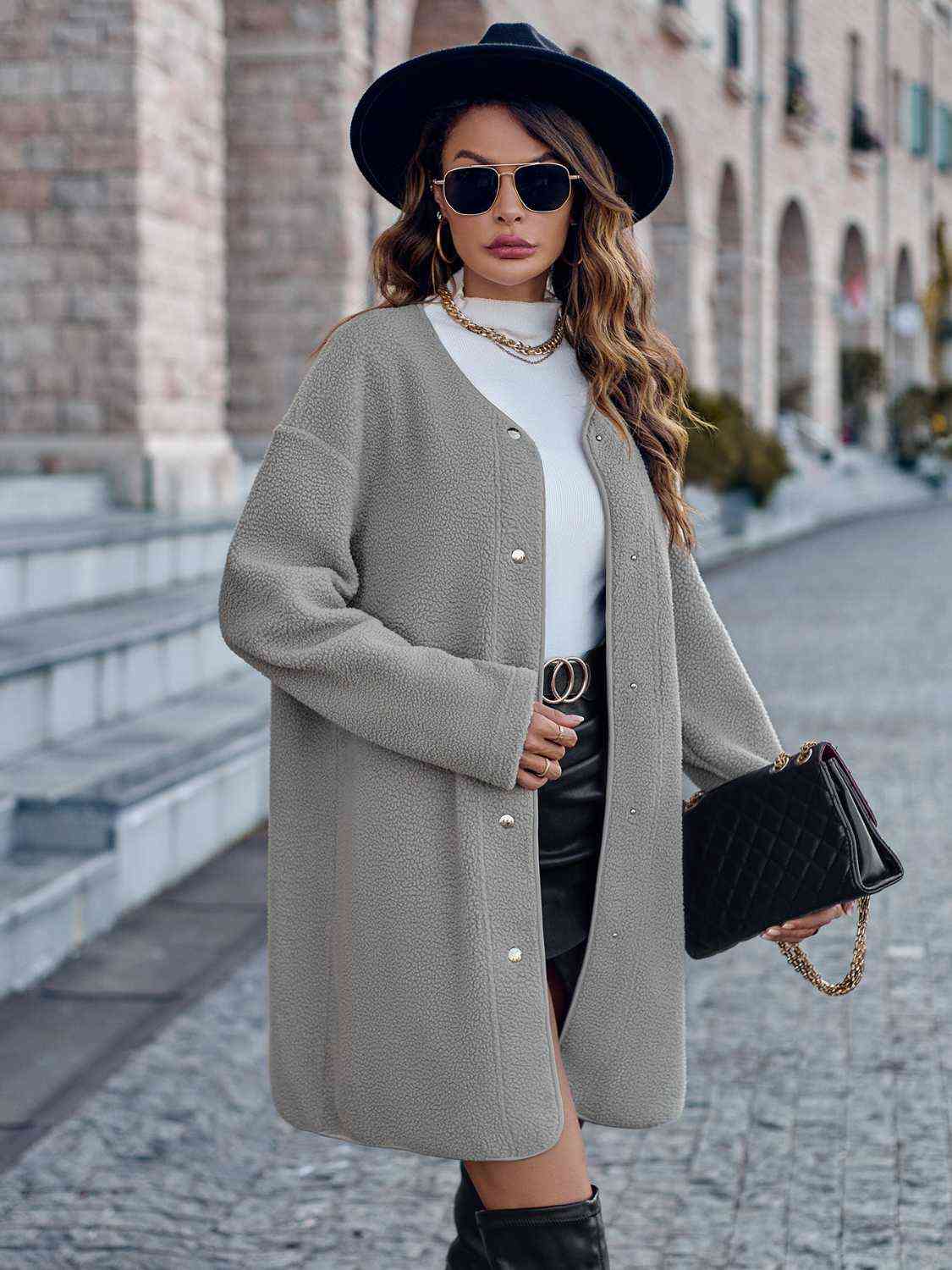 Snap Down Drop Shoulder Coat - Coat - Heather Gray - Bella Bourget