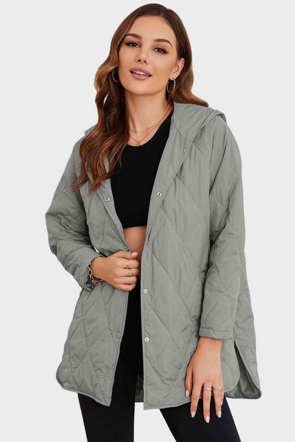 Snap Down Hooded Winter Coat - Coat - Light Gray - Bella Bourget