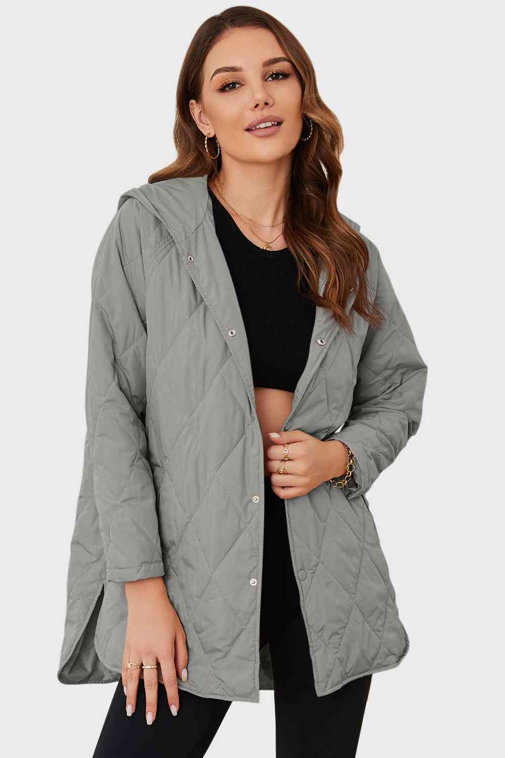 Snap Down Hooded Winter Coat - Coat - Light Gray - Bella Bourget