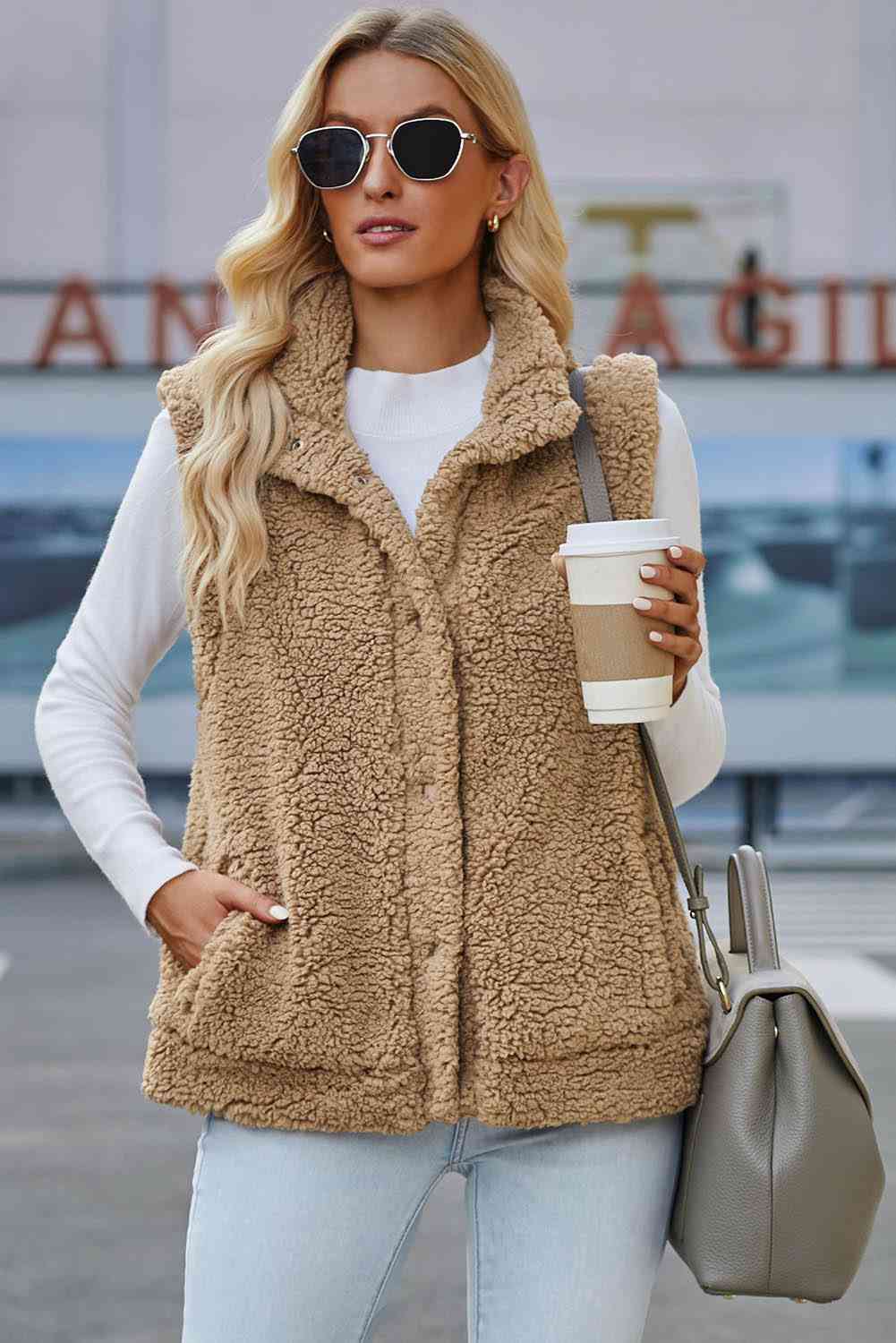 Snap Down Vest with Pockets - Vest - Tan - Bella Bourget